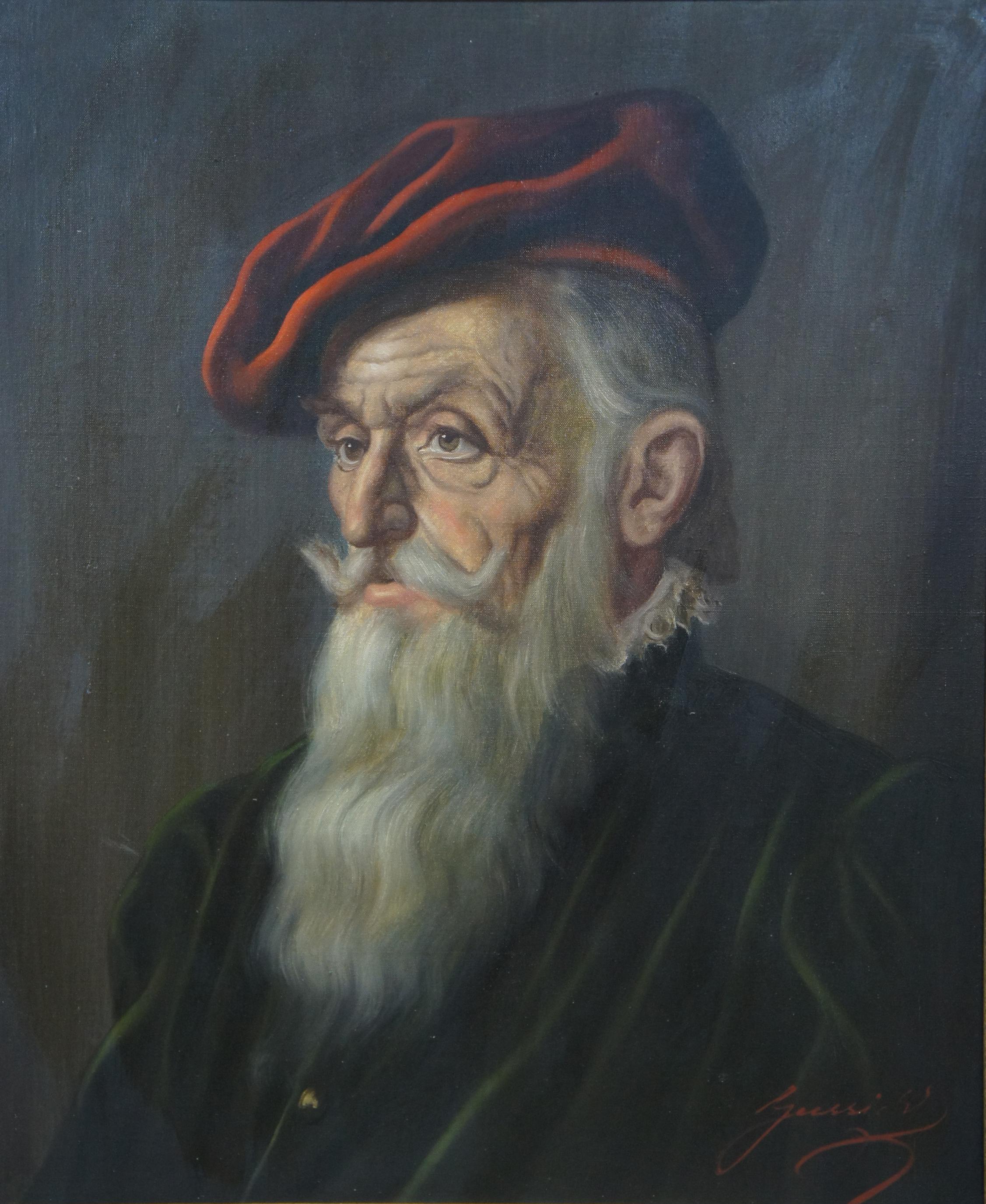 Vintage Oil on Canvas Jeno Gussich Portrait of Old Man Red Beret Realism In Good Condition In Dayton, OH
