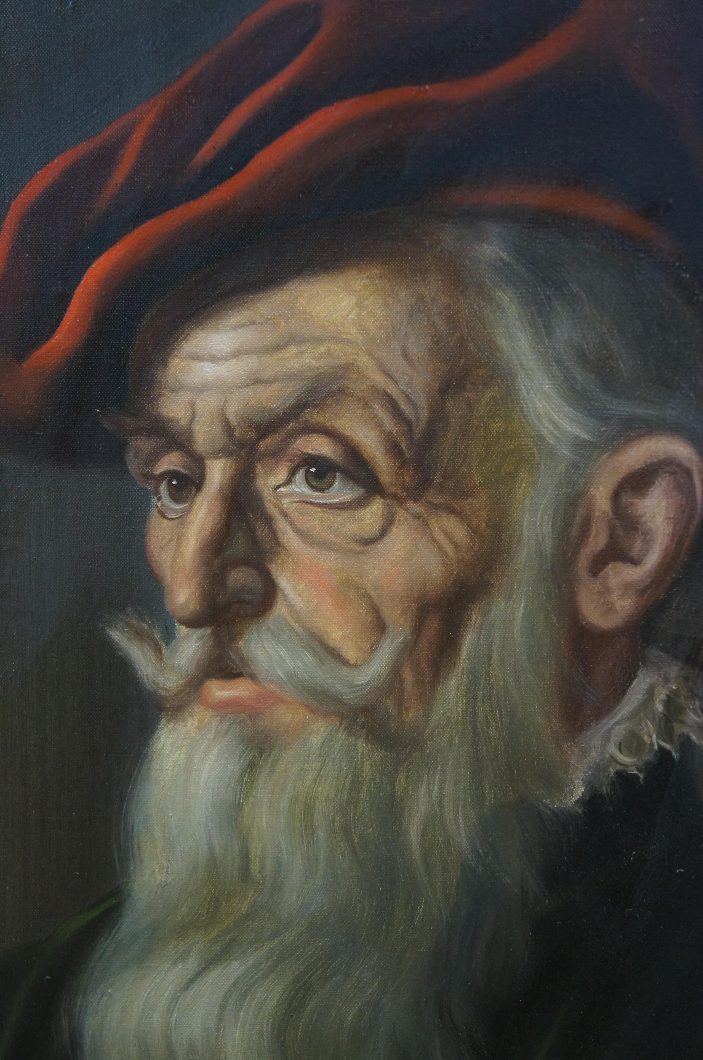 Vintage Oil on Canvas Jeno Gussich Portrait of Old Man Red Beret Realism 2