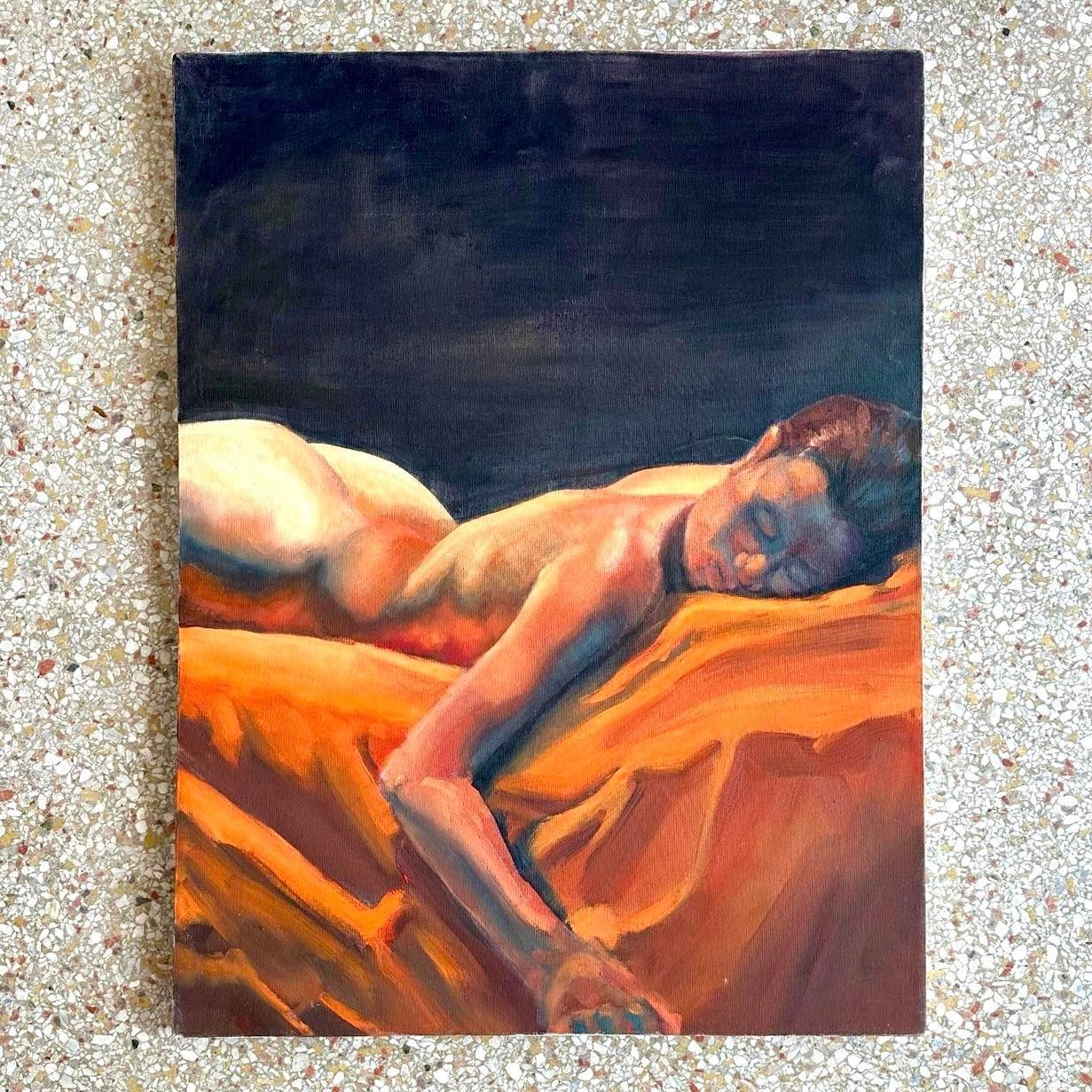 A stunning vintage Boho original oil painting on canvas. A chic nude Figural composition in deep rich colors. Acquired from a Miami estate. 