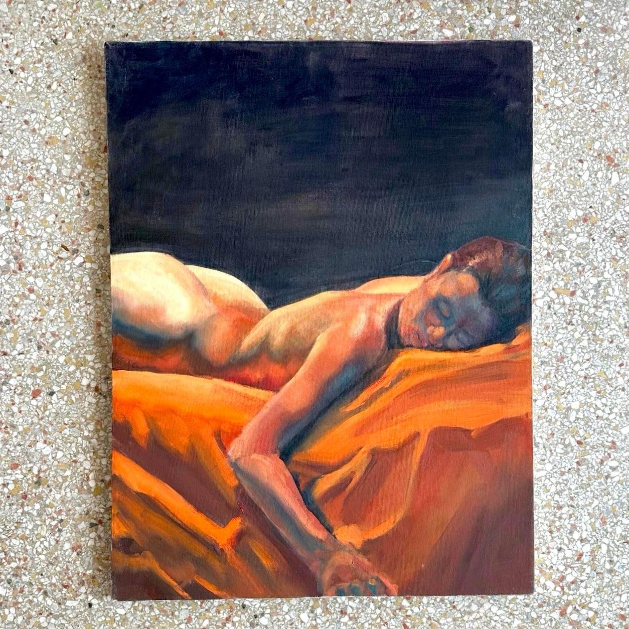 Bohemian Vintage Oil on Canvas Nude Figure Painting For Sale