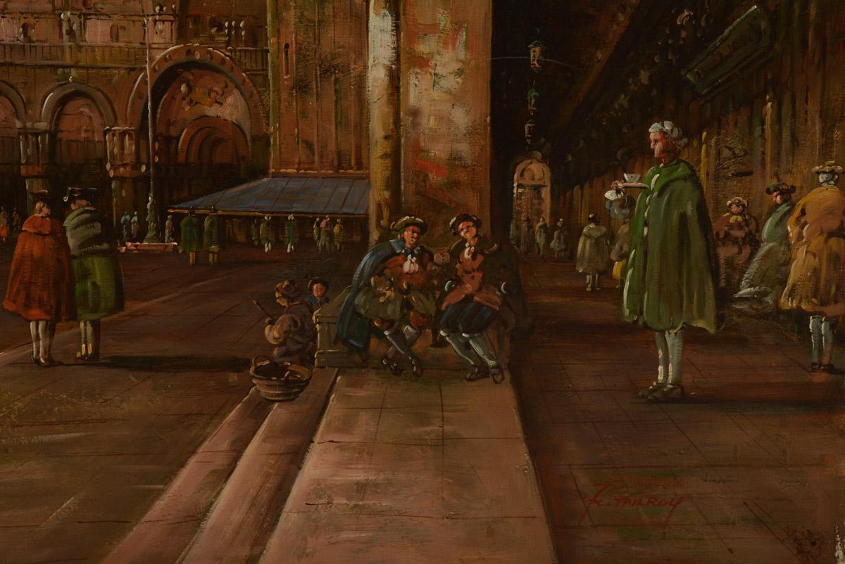 The vintage oil on canvas painting of the Piazza San Marco in Venice is signed in red by (American 20th century, born in 1928 in NYC) visual artist F. Tailroy, although it is in the style of Canaletto. The figures are dressed in the 18th century
