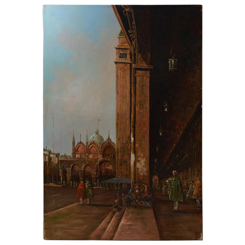 Vintage Oil on Canvas Painting of Piazza San Marco, Venice