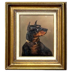 Vintage Oil on Canvas Portrait of Black Dog