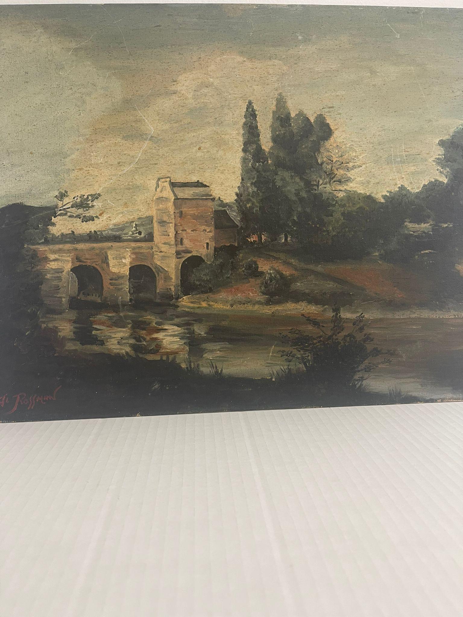 Mid-Century moderno Dipinto d'epoca olio su tela firmato raffigurante un ponte lunatico e una scena di paesaggio. in vendita