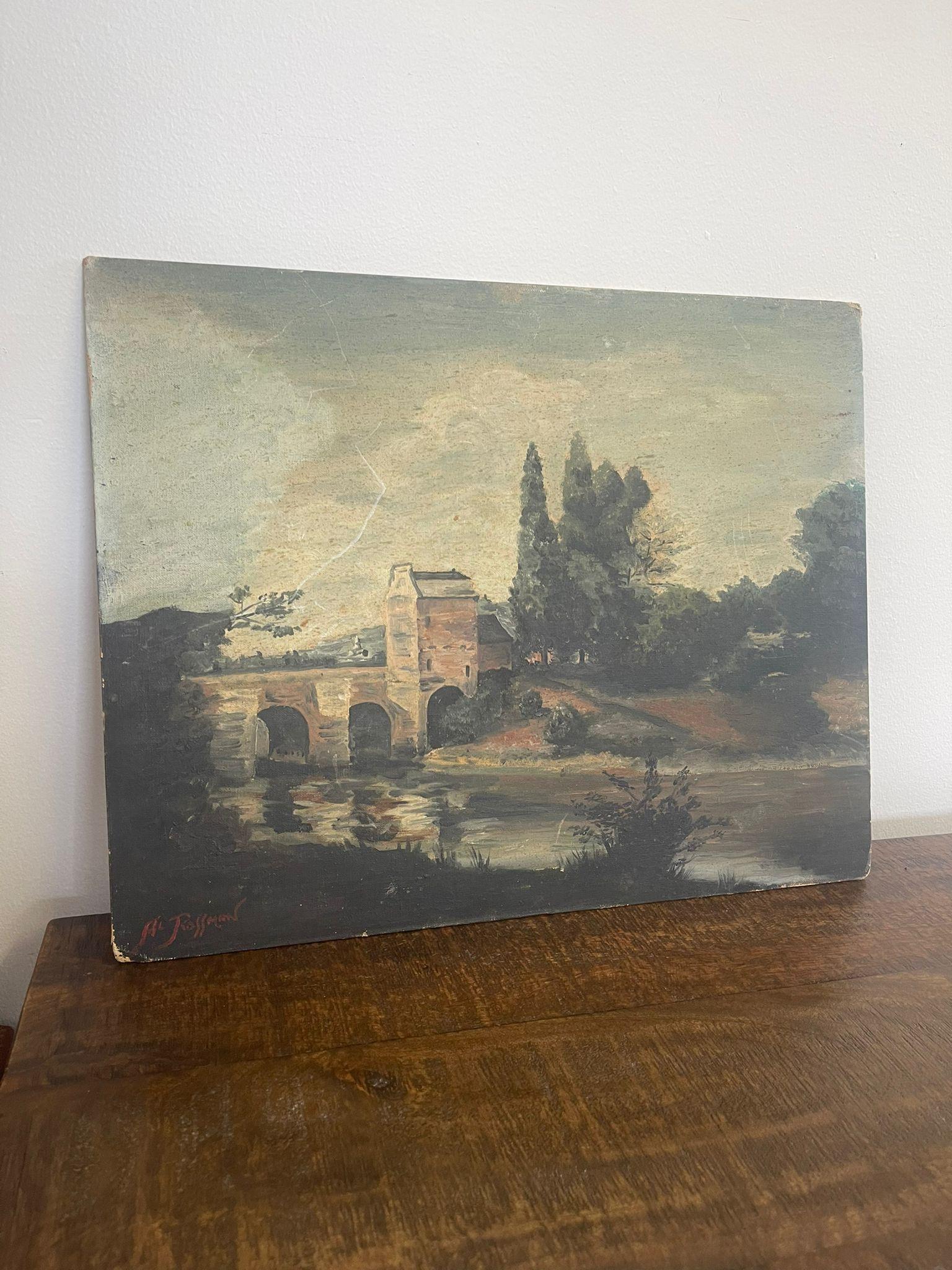 Fine XX secolo Dipinto d'epoca olio su tela firmato raffigurante un ponte lunatico e una scena di paesaggio. in vendita