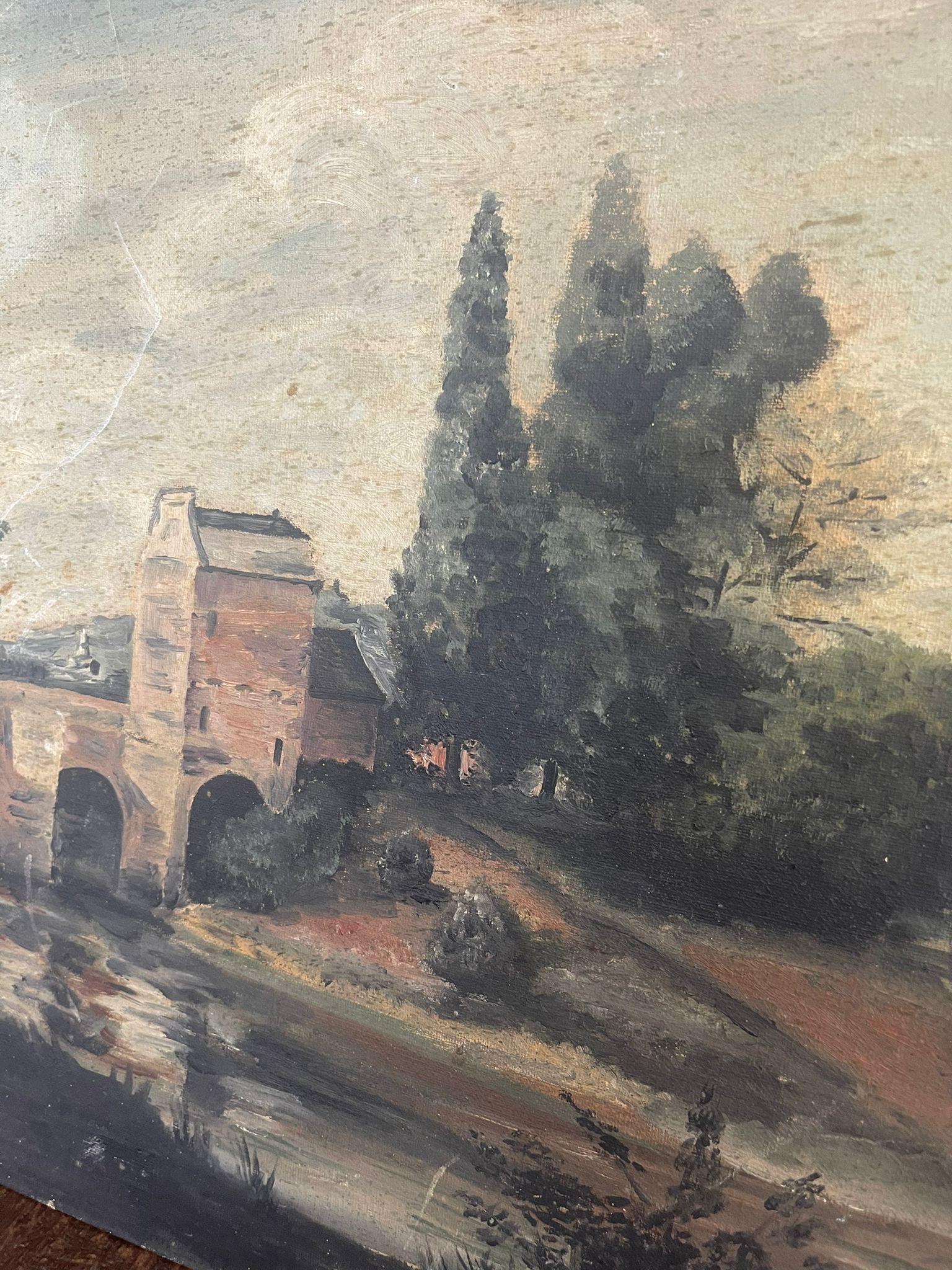 Tela Dipinto d'epoca olio su tela firmato raffigurante un ponte lunatico e una scena di paesaggio. in vendita