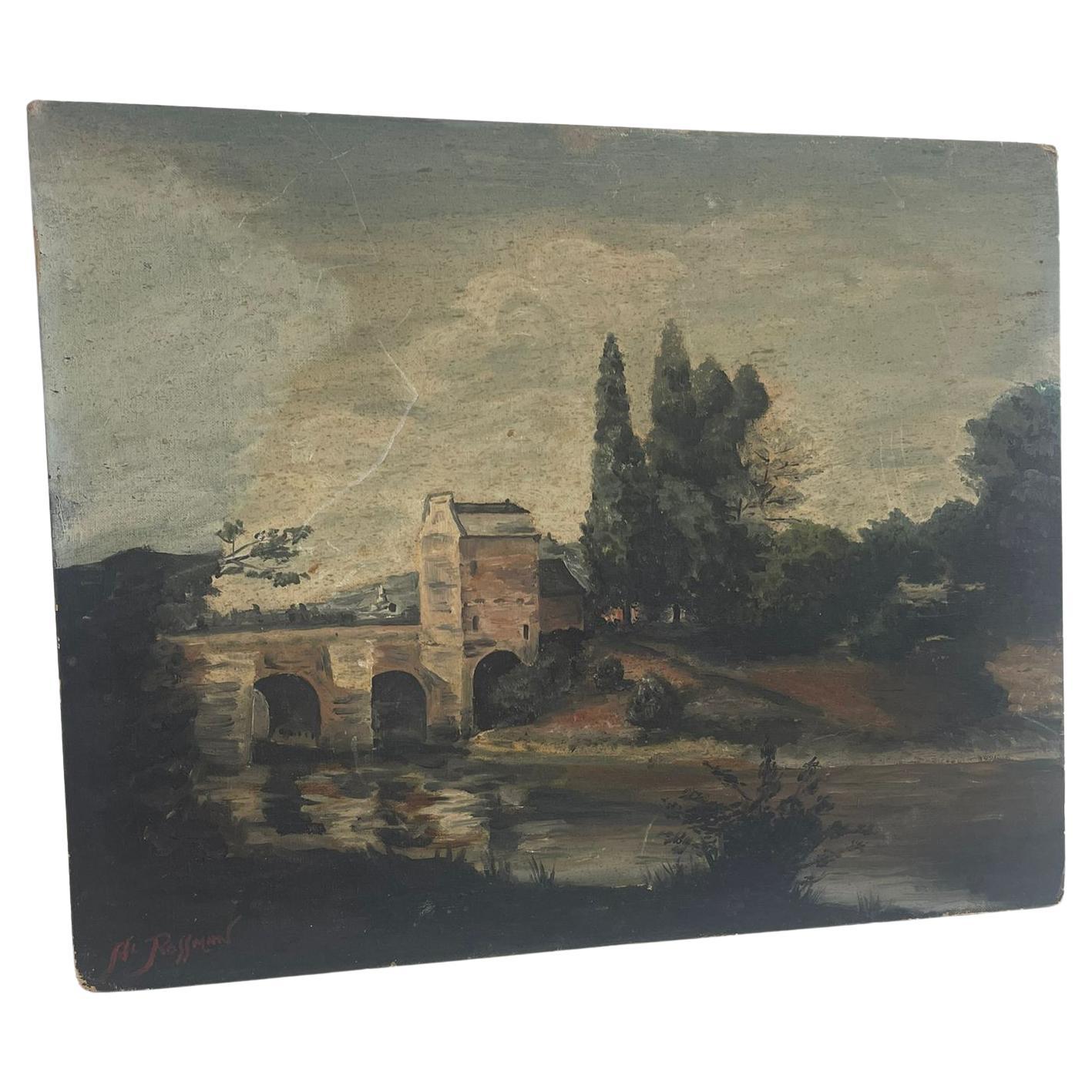 Dipinto d'epoca olio su tela firmato raffigurante un ponte lunatico e una scena di paesaggio. in vendita