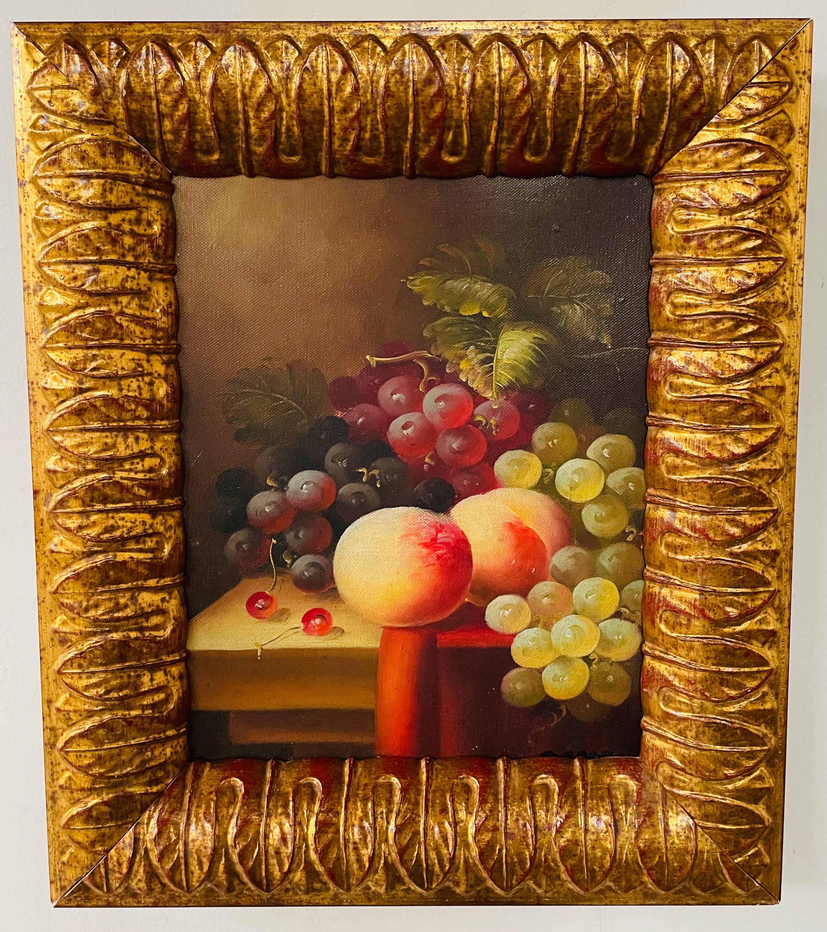 A lovely oil on canvas still life fruit small painting. The painting has been recently framed in custom hand carved gilt frame with a touch of burgundy. Elegant and timeless piece to add style to your living space. The paining is not