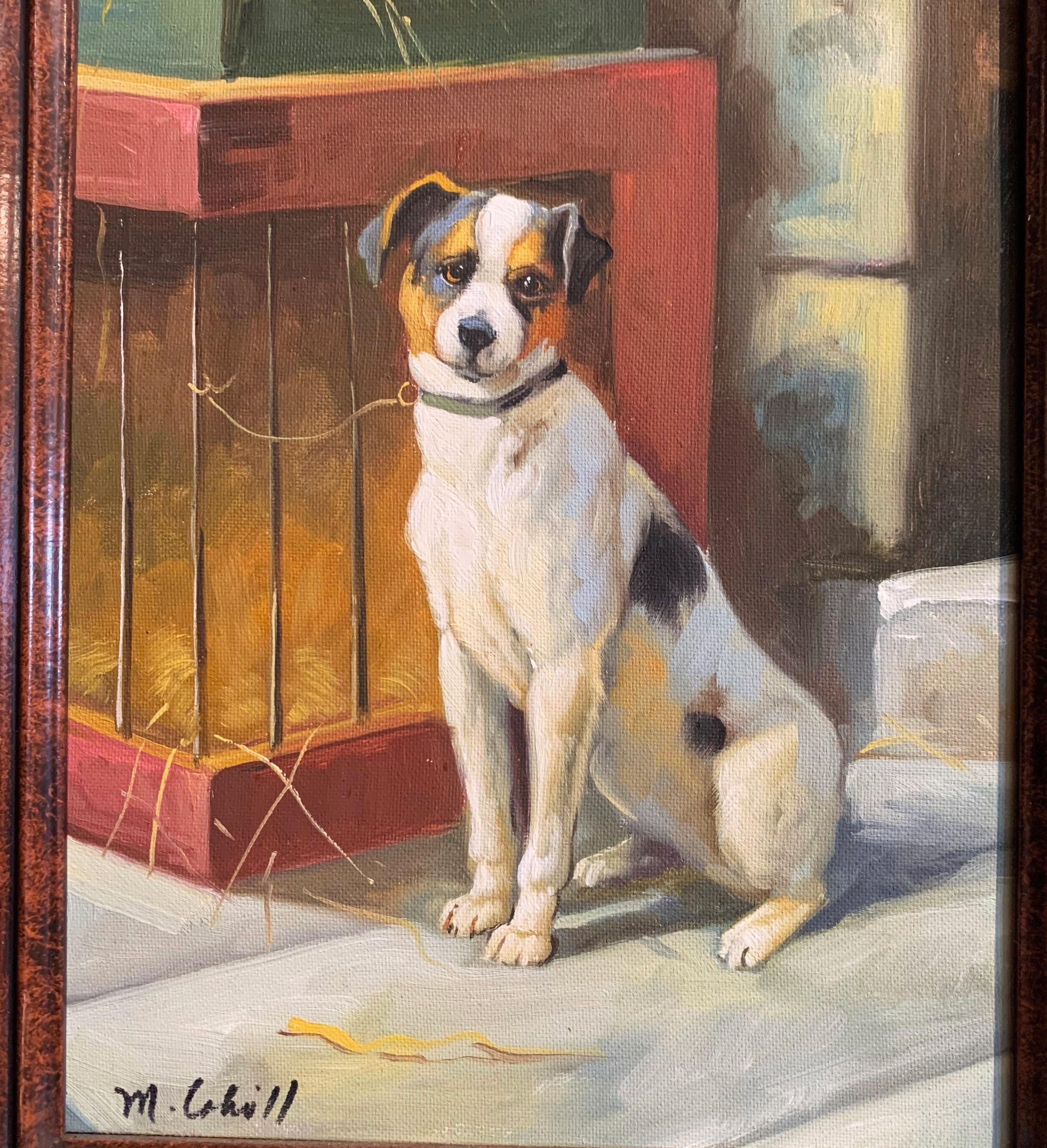 Set in the original carved frame, the hand painted canvas features a terrier tied to a fence. The artwork is signed on the bottom left corner by the artist, M. Cahill. The charming painting is in excellent condition with rich and bright colors. A