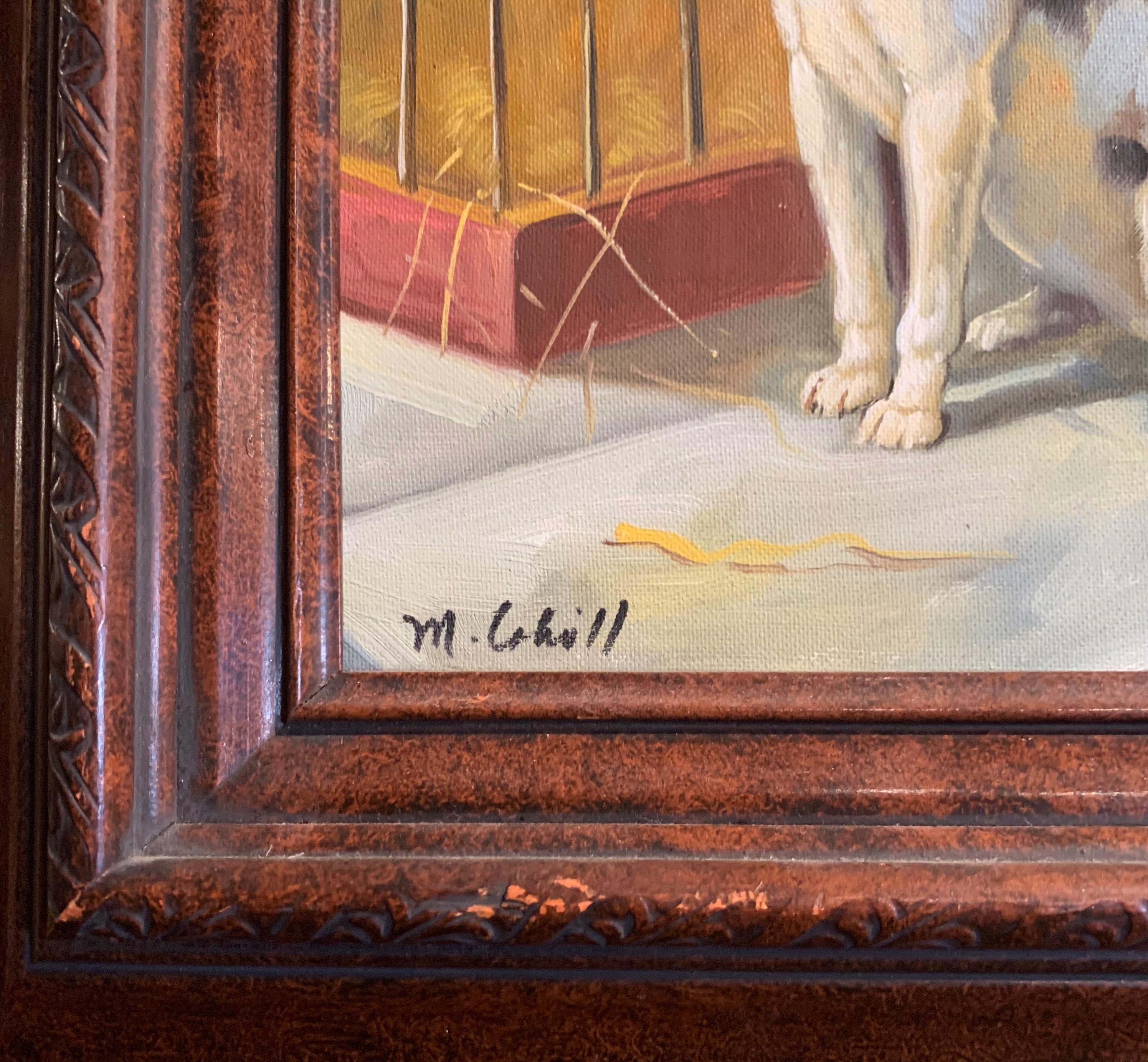 American Vintage Oil on Canvas Terrier Painting in Carved Frame Signed M. Cahill For Sale
