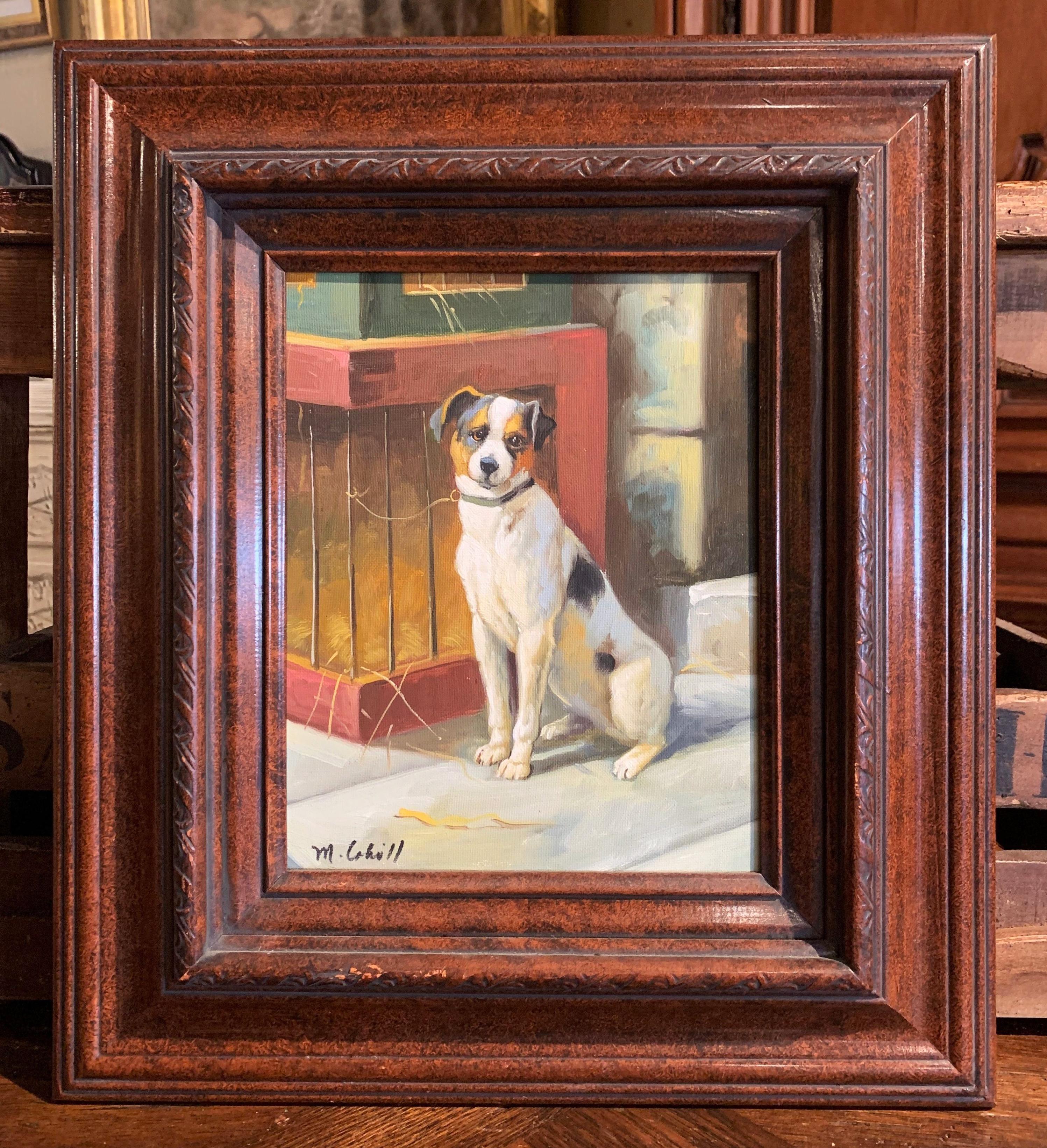 Hand-Painted Vintage Oil on Canvas Terrier Painting in Carved Frame Signed M. Cahill For Sale