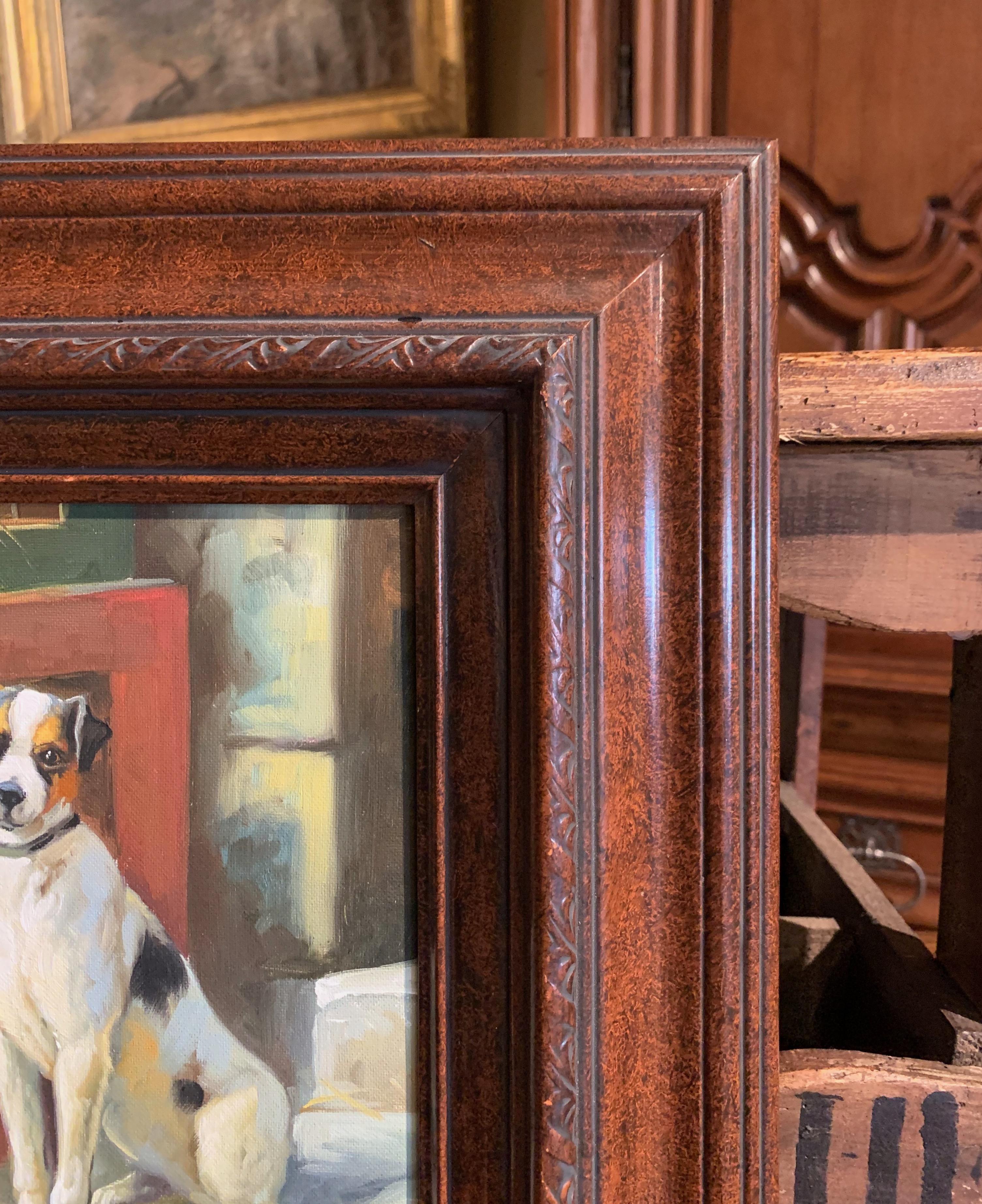 Vintage Oil on Canvas Terrier Painting in Carved Frame Signed M. Cahill In Excellent Condition For Sale In Dallas, TX