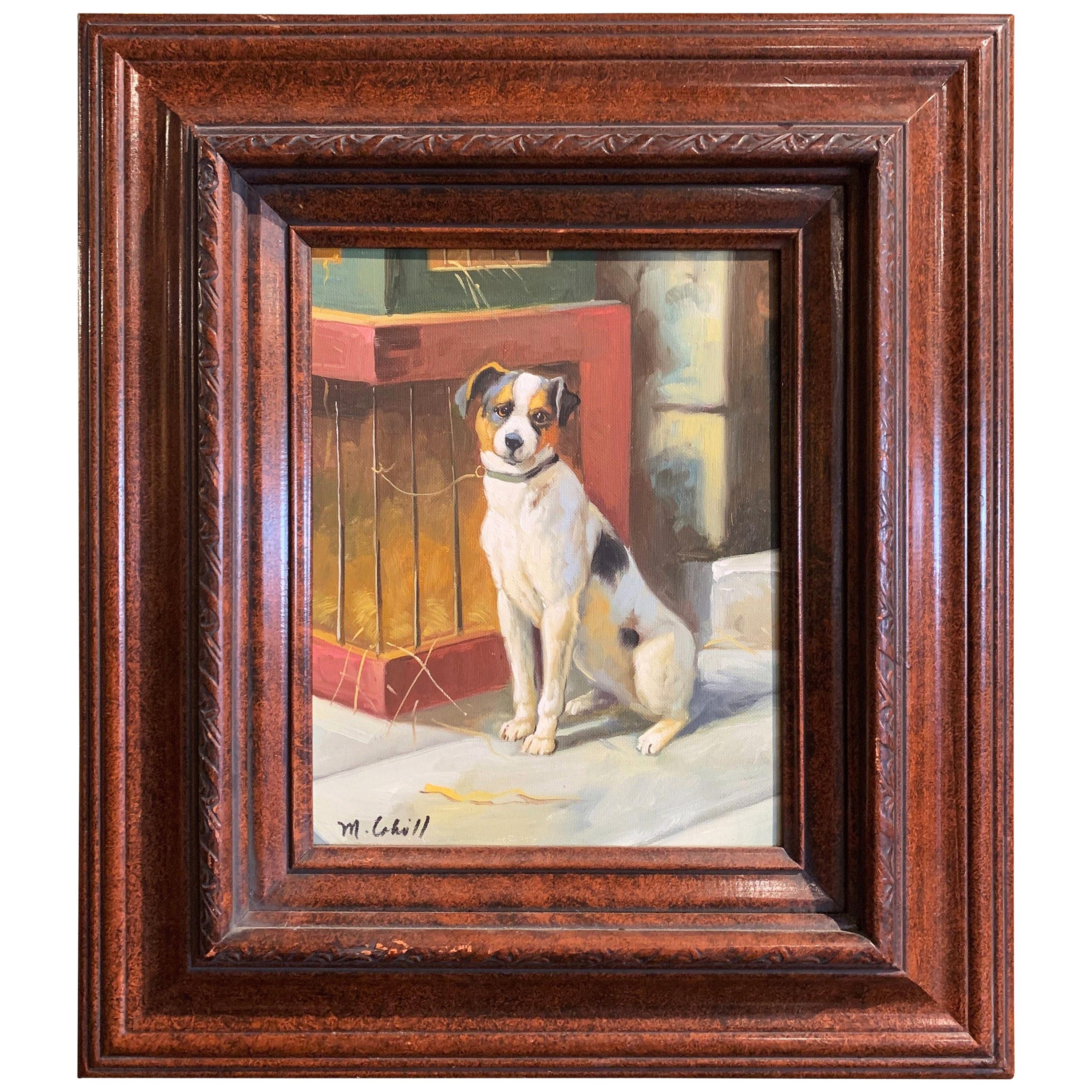 Vieille peinture à l'huile sur toile - Terrier dans un cadre sculpté signé M. Cahill