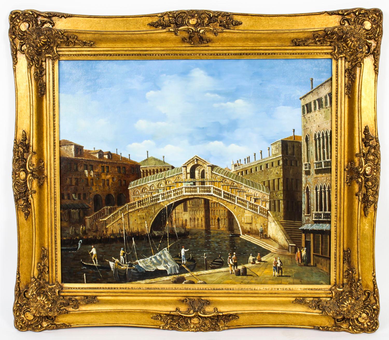 Vintage Oil Paintiing View of The Rialto Bridge in Venice, Mid 20th C 9