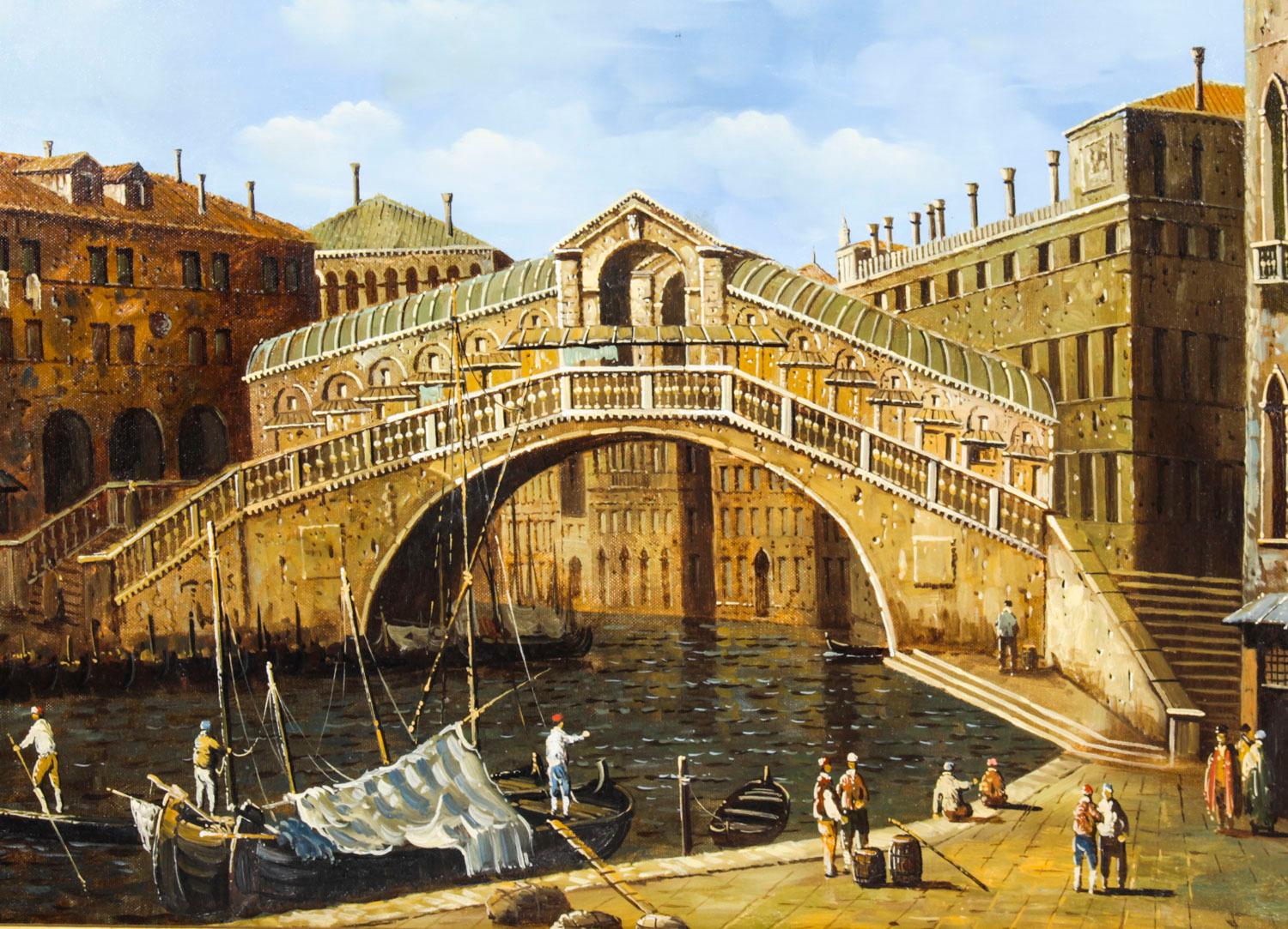 A beautiful oil on canvas painting of the view of The Rialto Bridge, in Venice, circa mid 20th century in date.

The painting features a beautiful view across the Grand Canal with Rialto Bridge in the back ground.

Add a bright colourful element