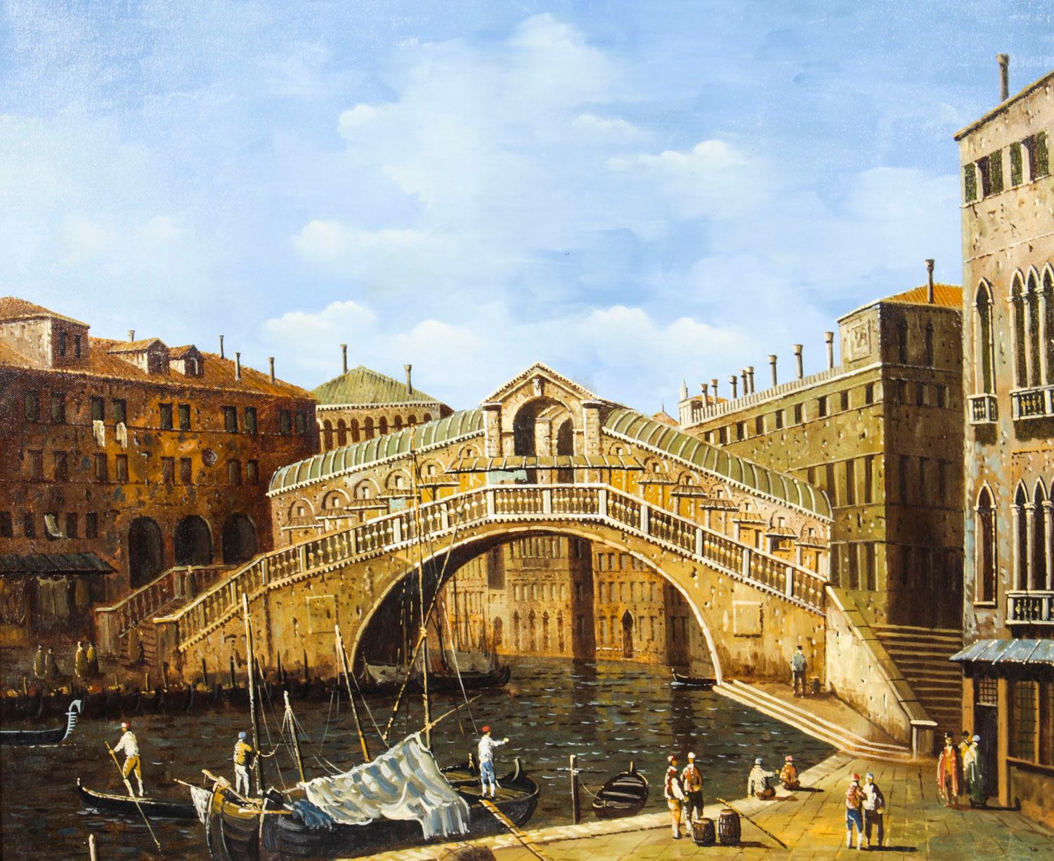 Vintage Oil Paintiing View of The Rialto Bridge in Venice, Mid 20th C In Good Condition In London, GB