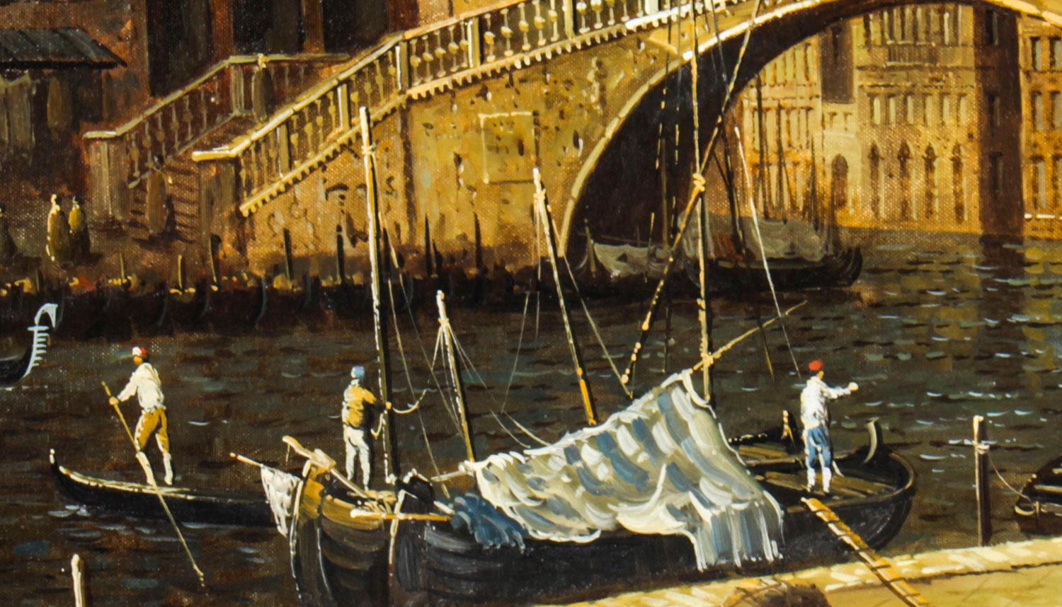 Canvas Vintage Oil Paintiing View of The Rialto Bridge in Venice, Mid 20th C