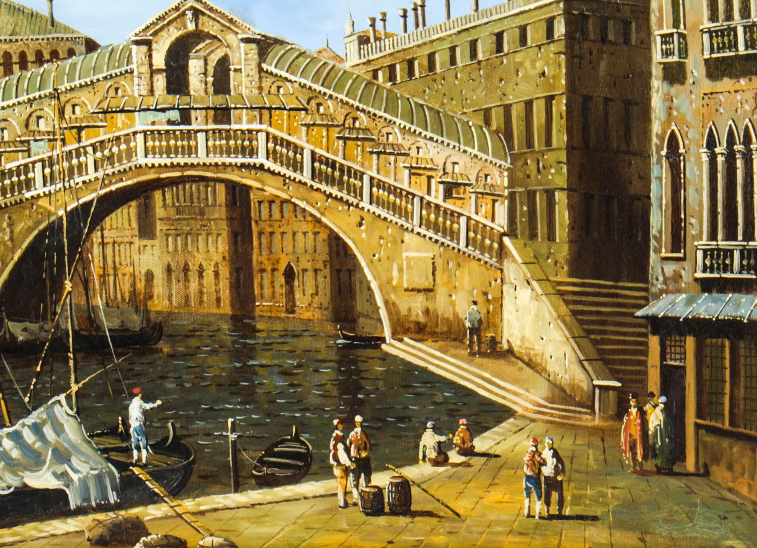 Vintage Oil Paintiing View of The Rialto Bridge in Venice, Mid 20th C 1