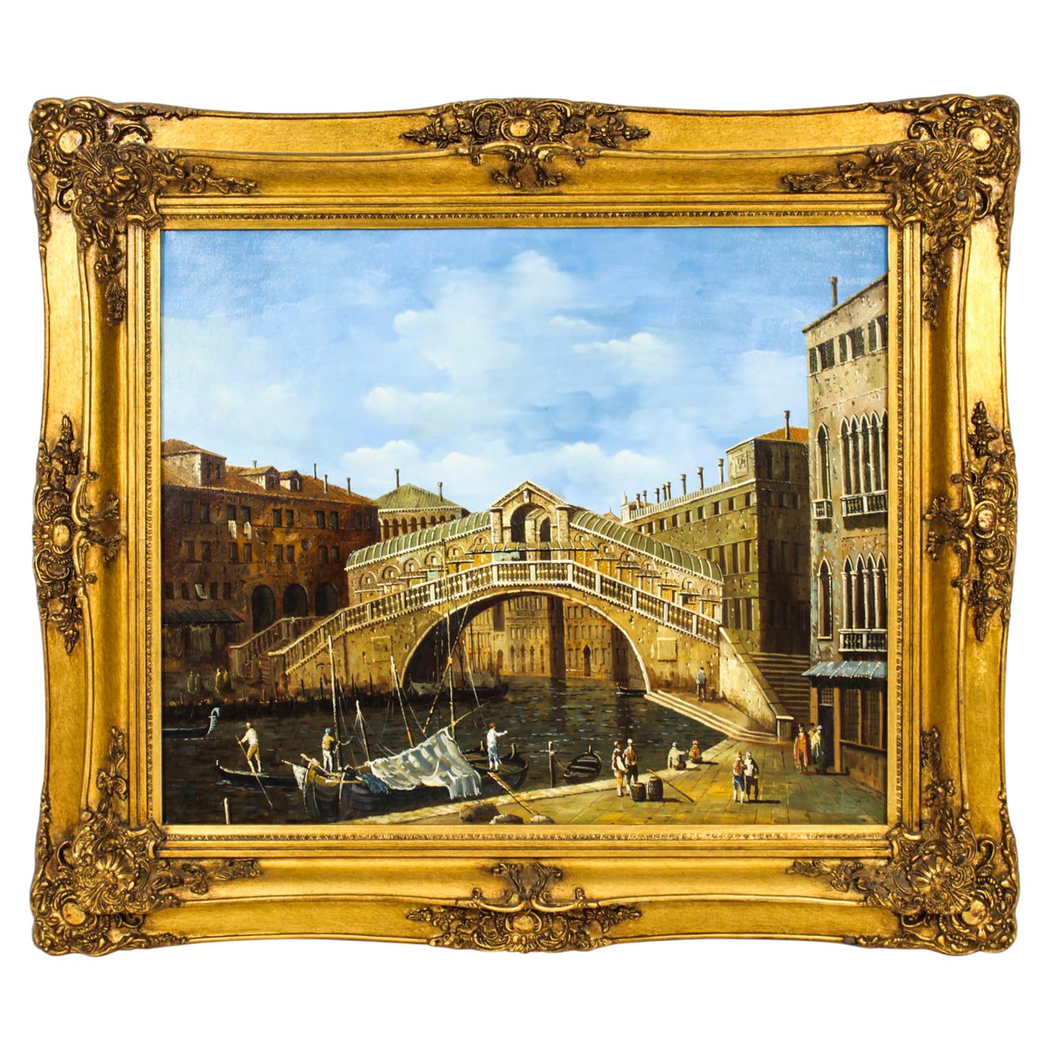 Vintage Oil Paintiing View of The Rialto Bridge in Venice, Mid 20th C
