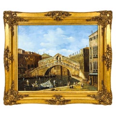 Used Oil Paintiing View of The Rialto Bridge in Venice, Mid 20th C