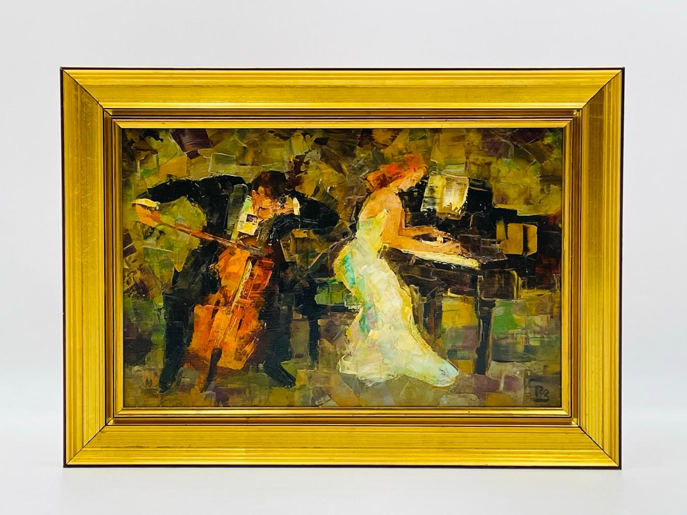 Stunning painting by Los Angeles based artist Zelda Charlotte Sherman. and The piece depicts a lady playing s Piano accompanied by a gentleman playing the cello. 
The painting is done on a wooden board and has an array of colors.
The piece has
