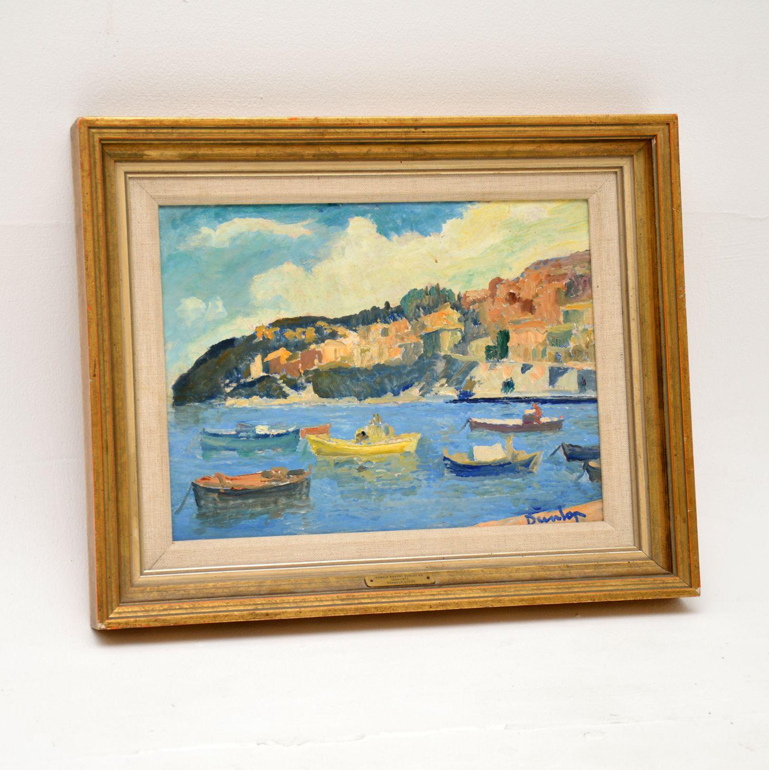 A wonderful vintage oil painting titled “Harbour Scene”, by the important Irish painter and author, Ronald Ossory Dunlop (1895-1973). This would have been painted sometime around the mid-twentieth century.

It is depicts a beautiful landscape of a