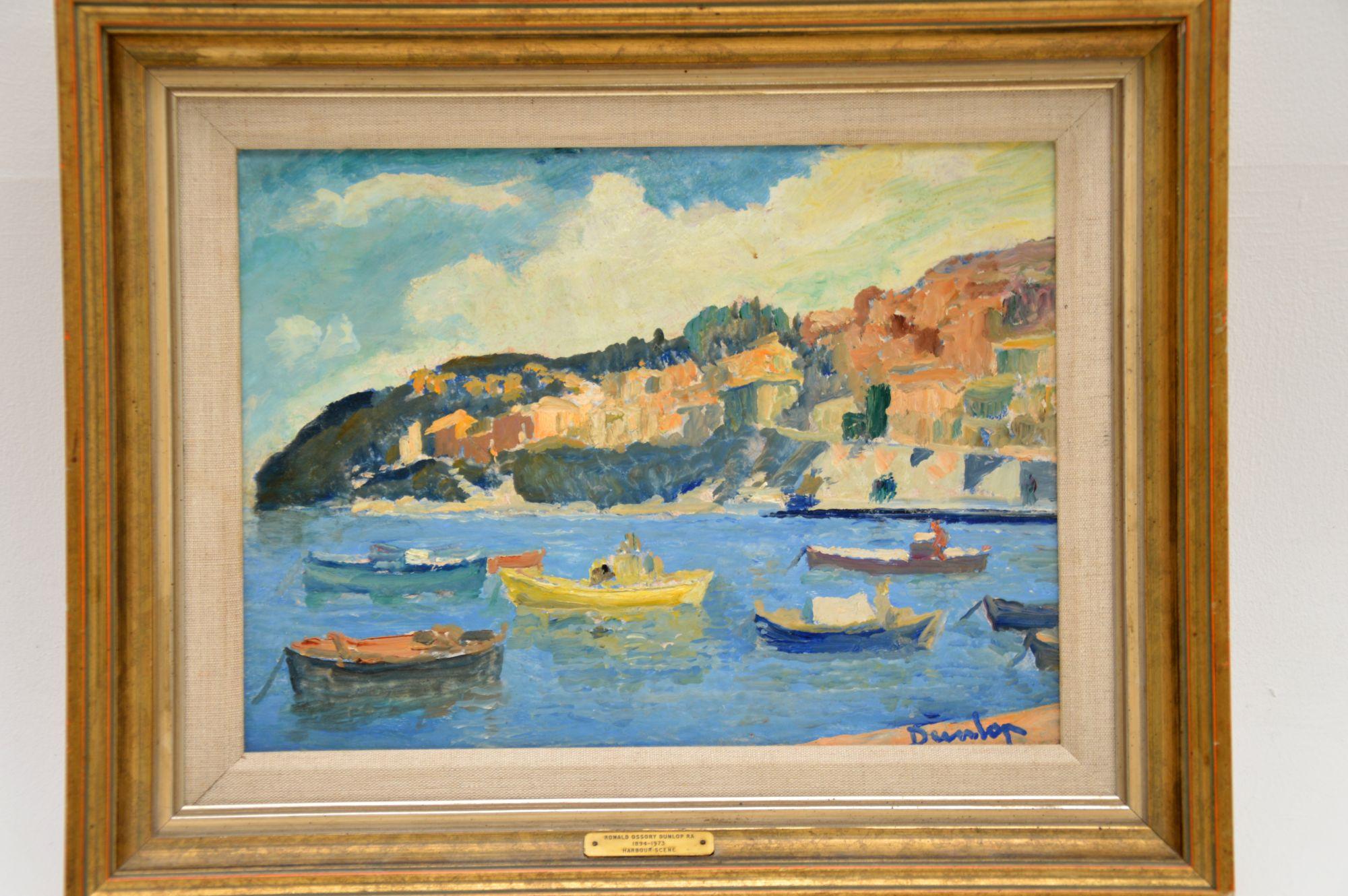 Mid-Century Modern Vintage Oil Painting by Ronald Ossory Dunlop RA - Harbour Scene For Sale