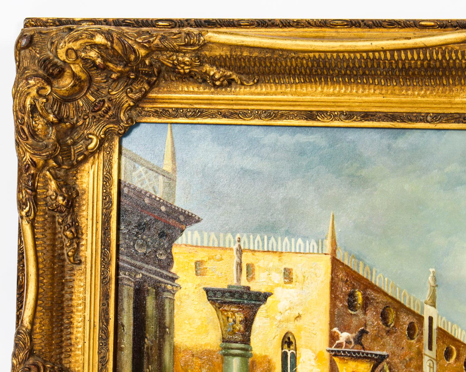 Peinture à l'huile vintage du palais des Doges et de la Piazza de San Marco à Venise, milieu du 20e siècle en vente 8