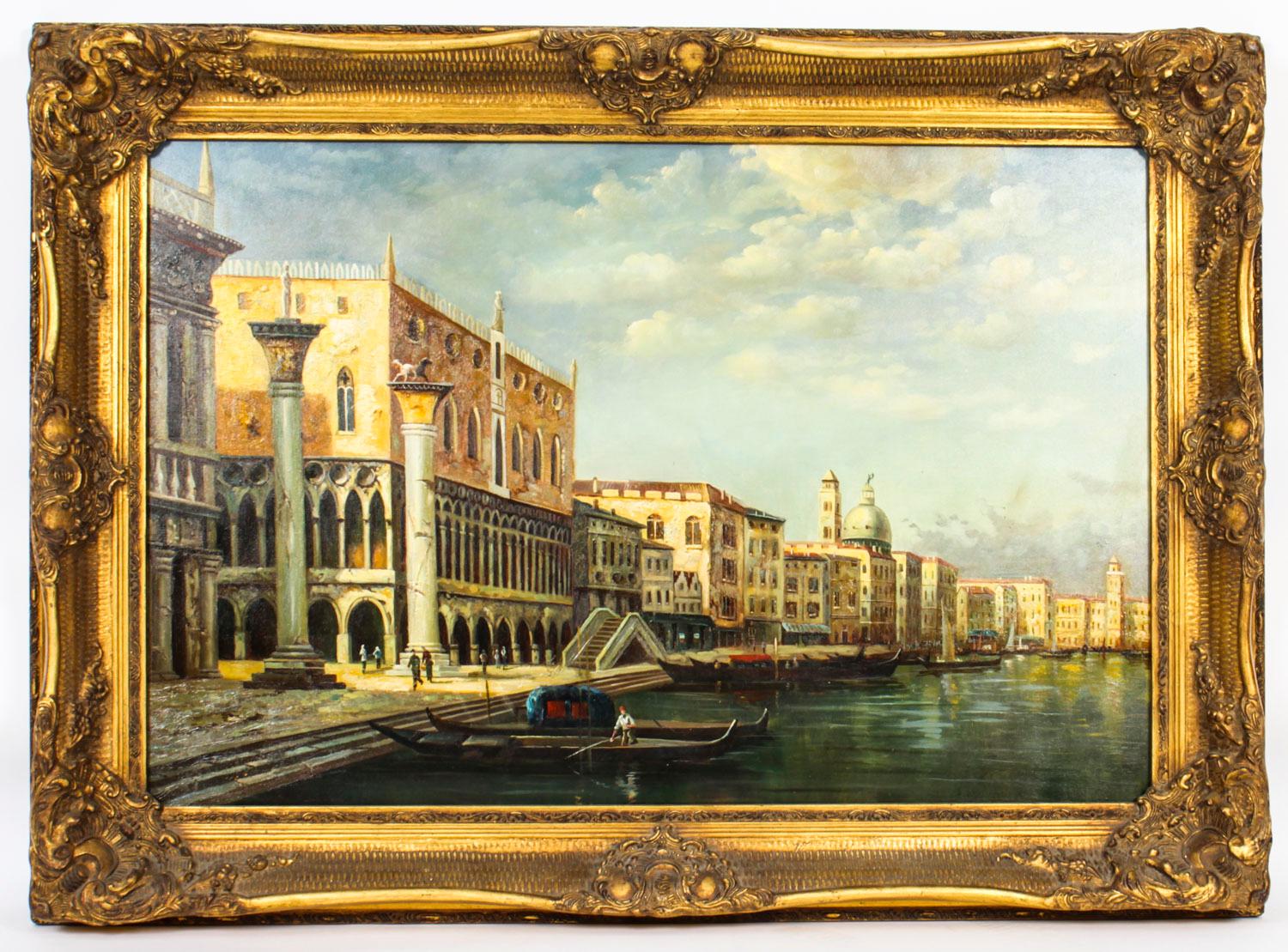 Peinture à l'huile vintage du palais des Doges et de la Piazza de San Marco à Venise, milieu du 20e siècle en vente 10