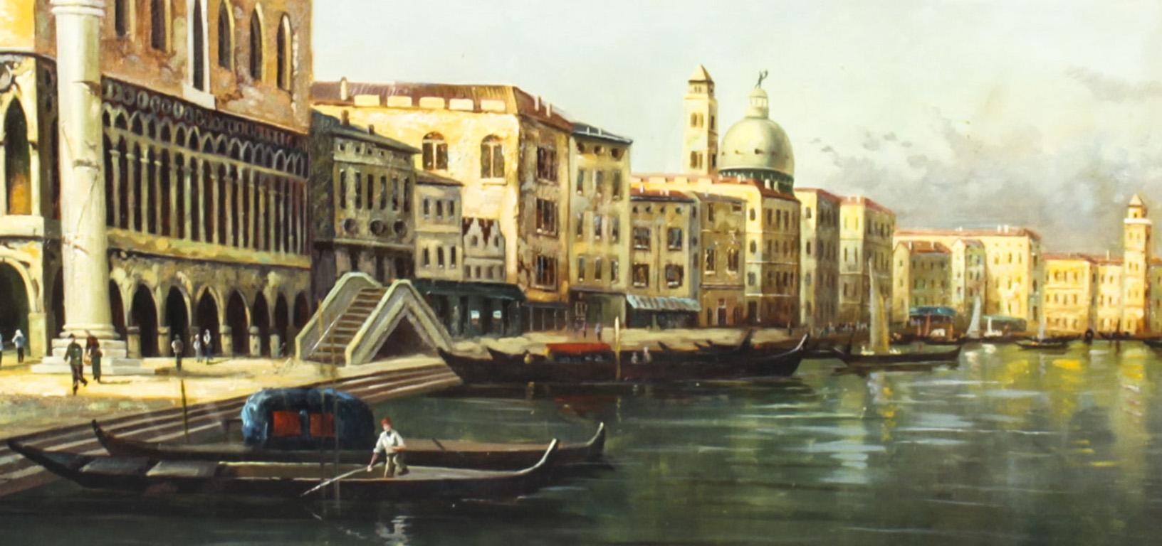Milieu du XXe siècle Peinture à l'huile vintage du palais des Doges et de la Piazza de San Marco à Venise, milieu du 20e siècle en vente