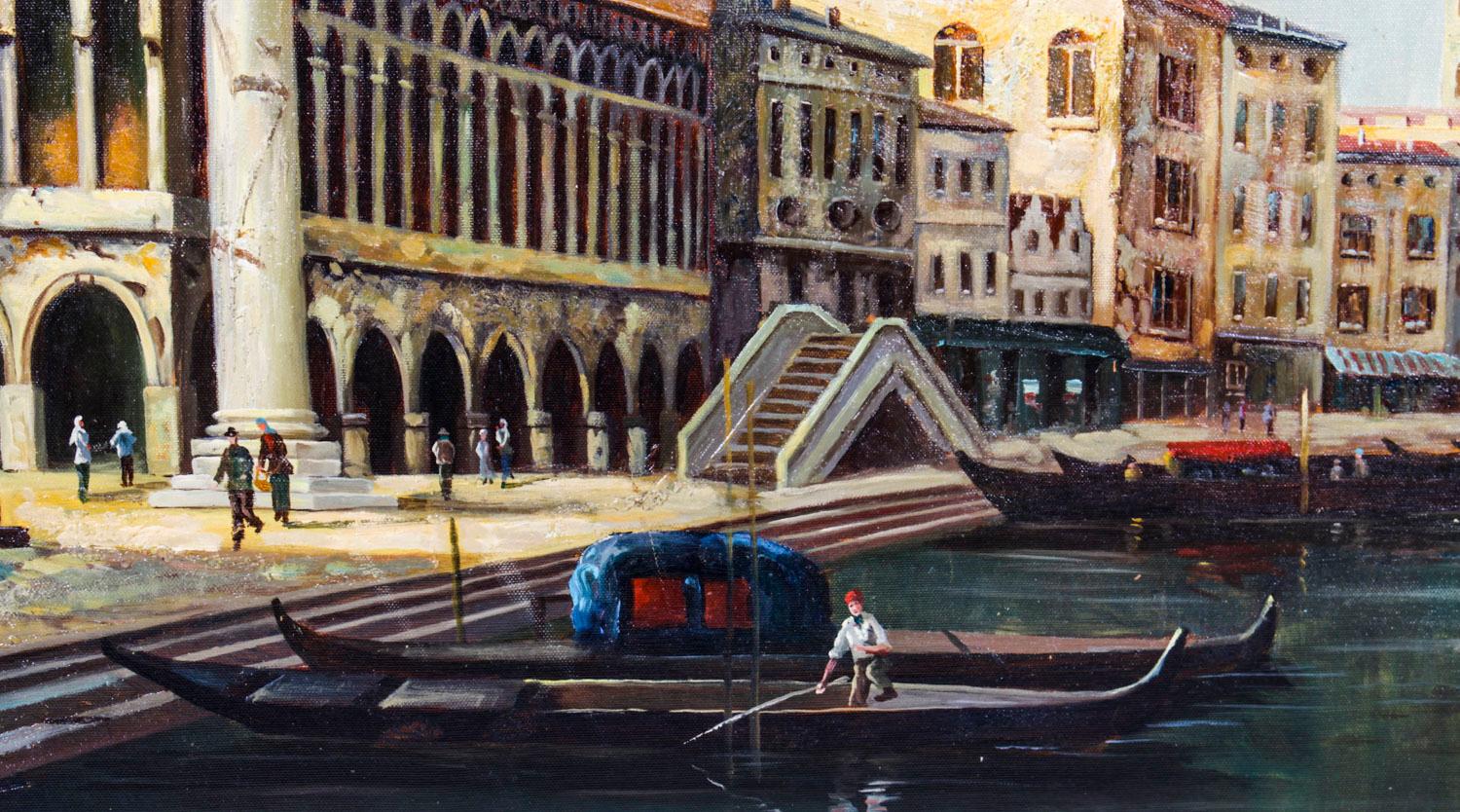 Toile Peinture à l'huile vintage du palais des Doges et de la Piazza de San Marco à Venise, milieu du 20e siècle en vente