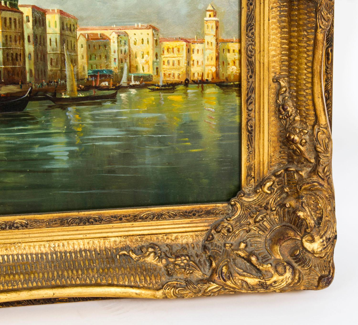 Peinture à l'huile vintage du palais des Doges et de la Piazza de San Marco à Venise, milieu du 20e siècle en vente 4