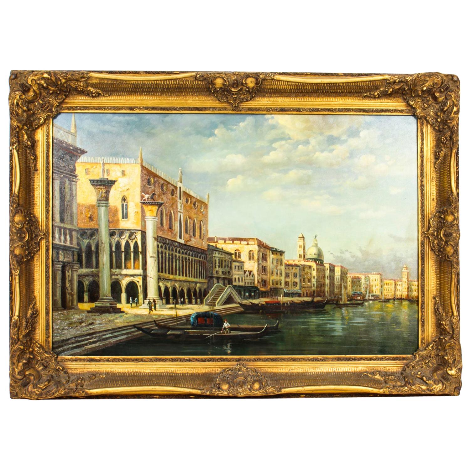 Peinture à l'huile vintage du palais des Doges et de la Piazza de San Marco à Venise, milieu du 20e siècle