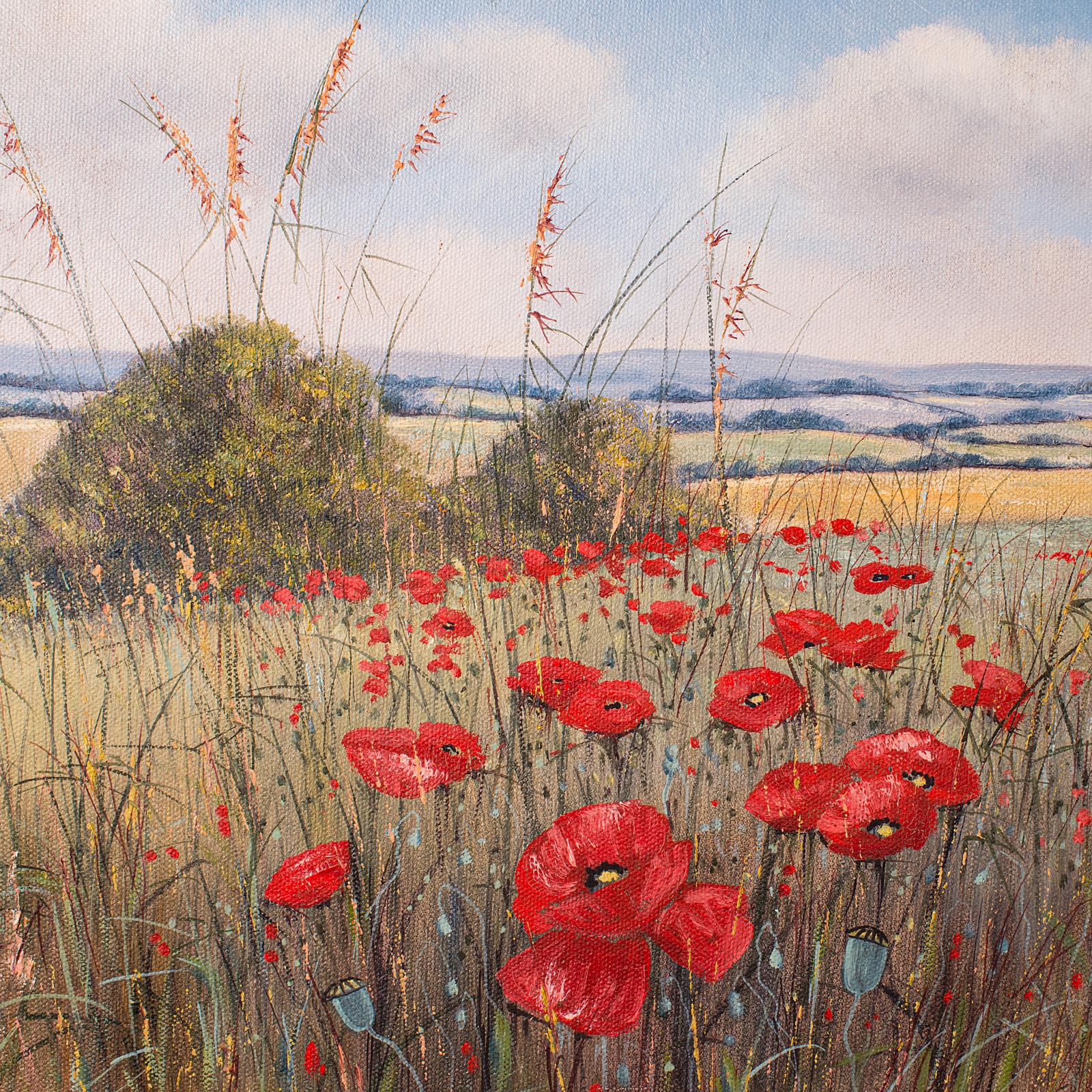20th Century Vintage Oil Painting, English, Gilt Frame, Poppy Field, Landscape, Art, Signed For Sale