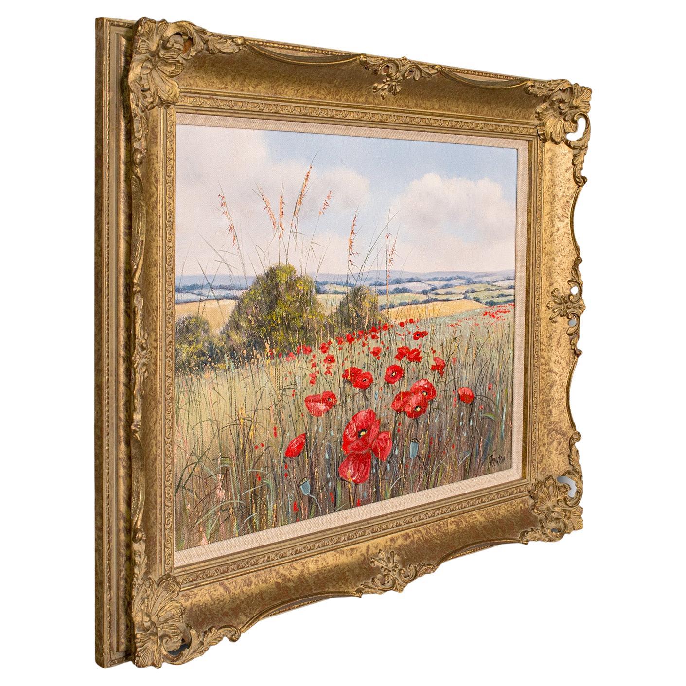 Vintage Oil Painting, English, Gilt Frame, Poppy Field, Landscape, Art, Signed For Sale