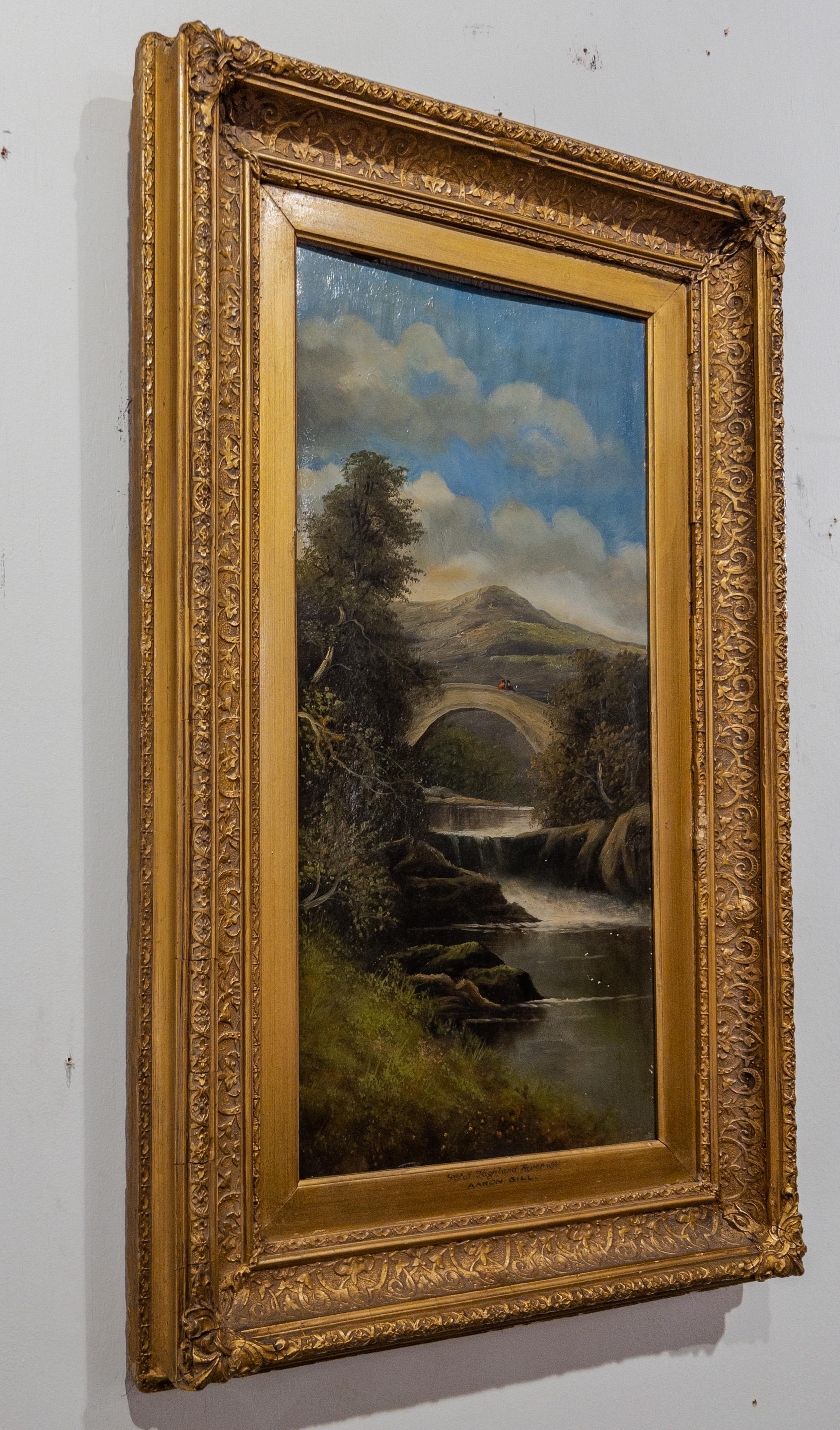 Canvas Vintage Oil Painting Entitled “Highland River” by Aaron Gill in a Gilt Frame For Sale