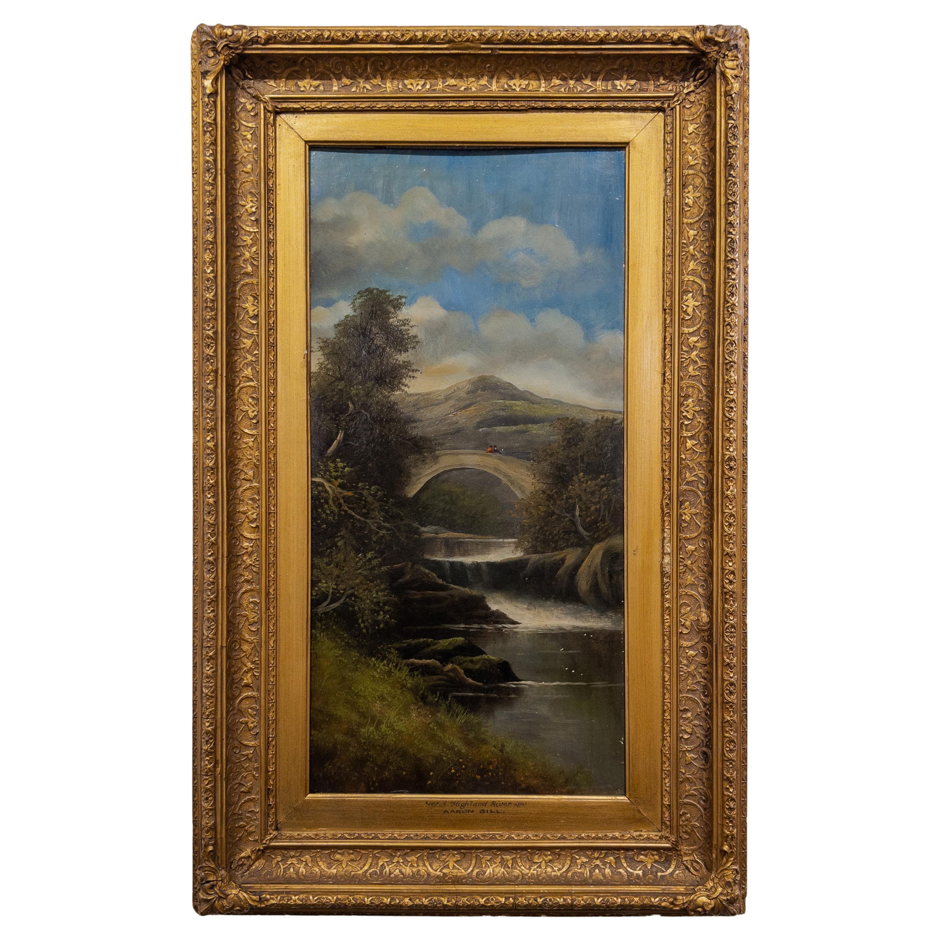 Peinture à l'huile vintage intitulée Highland River d'Aaron Gill dans un cadre doré