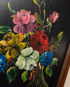 Vintage Oil Painting Flower Bouquet In Original Wooden Frame Italy, 1960s