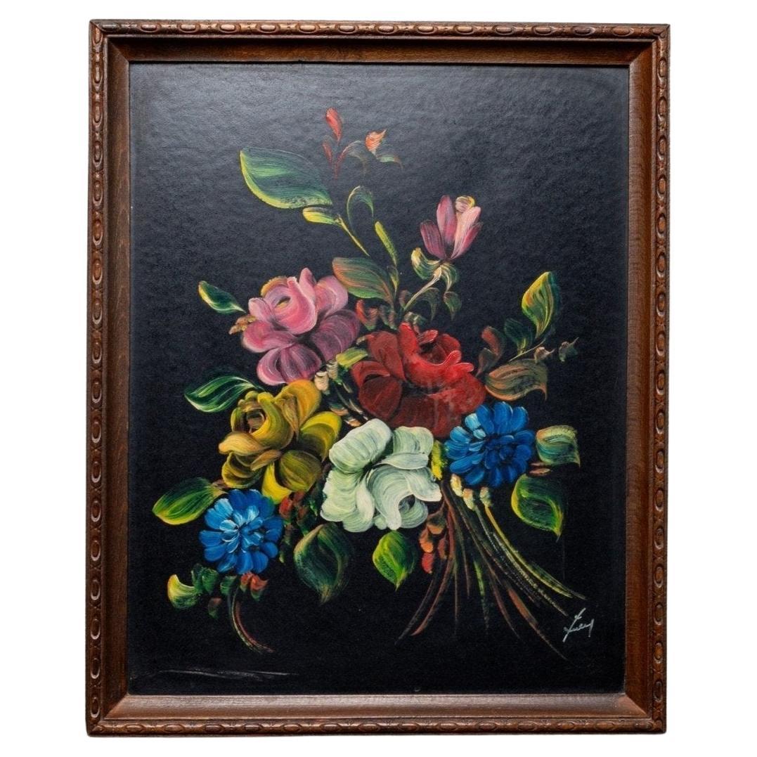 Vintage Ölgemälde Blumenstrauß in Original-Holzrahmen Italien, 1960er Jahre