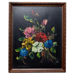 Vintage Ölgemälde Blumenstrauß in Original-Holzrahmen Italien, 1960er Jahre