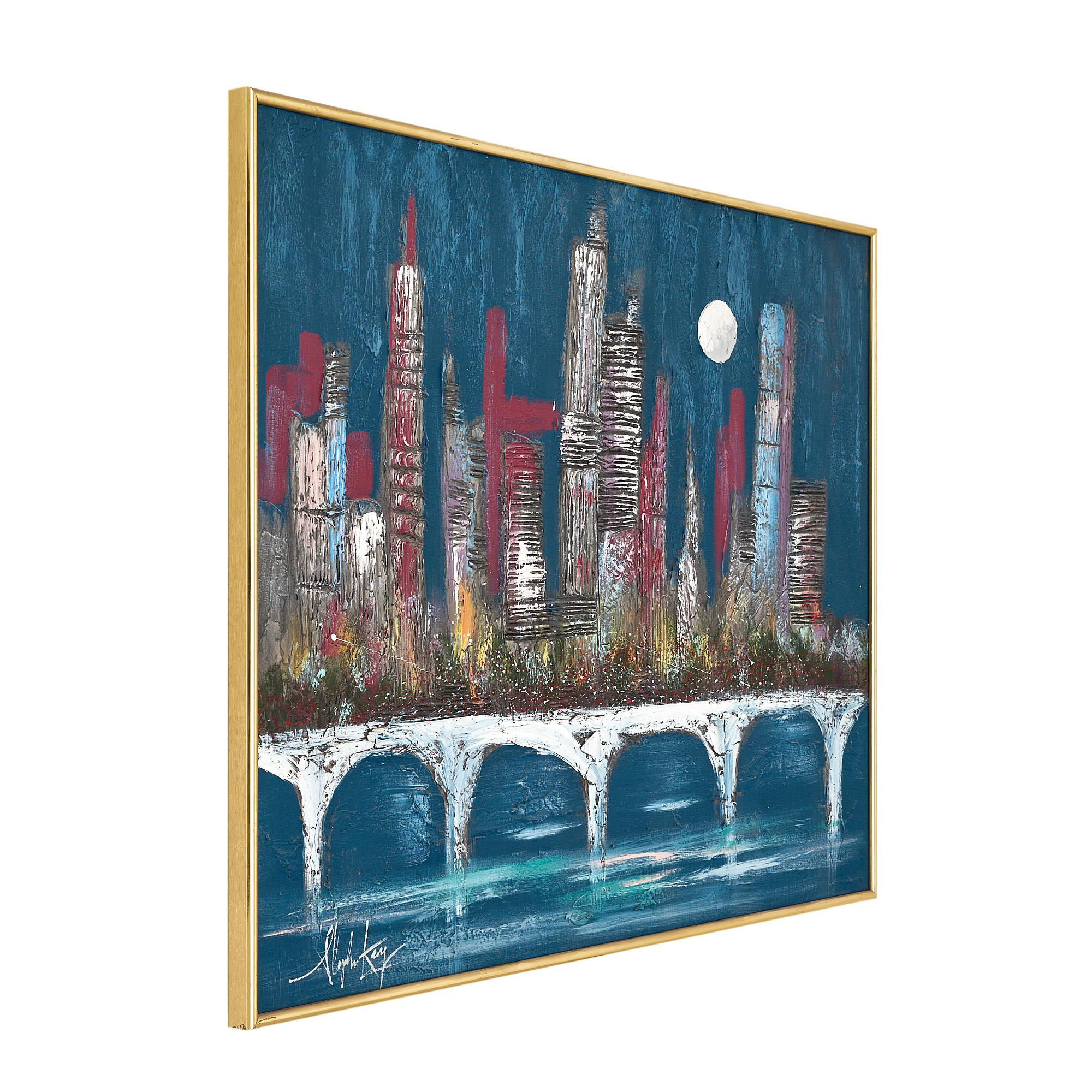 Oil painting, signed and featuring a downtown cityscape. This piece is multi media on canvas with a gold frame.