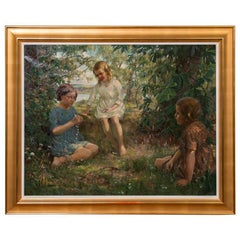 Vintage Oil Painting of 3 Girls Stringing Flowers, Francis Patrick Martin