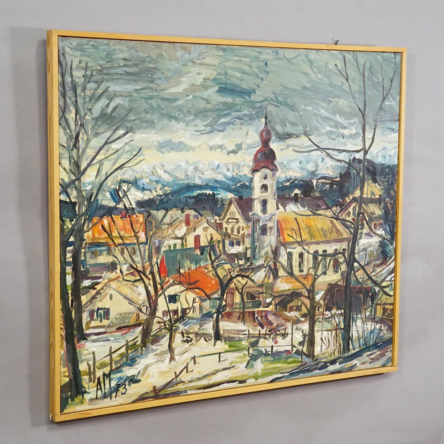 Vintage Ölgemälde eines bayerischen Dorfes, Alexander Michael 1973

Ein gerahmtes Ölgemälde, das den Blick auf das bayerische Dorf Tanning mit einer Barockkirche, umgeben von Bauernhöfen und dem Dorfplatz mit Bäumen im Vordergrund, darstellt. Das
