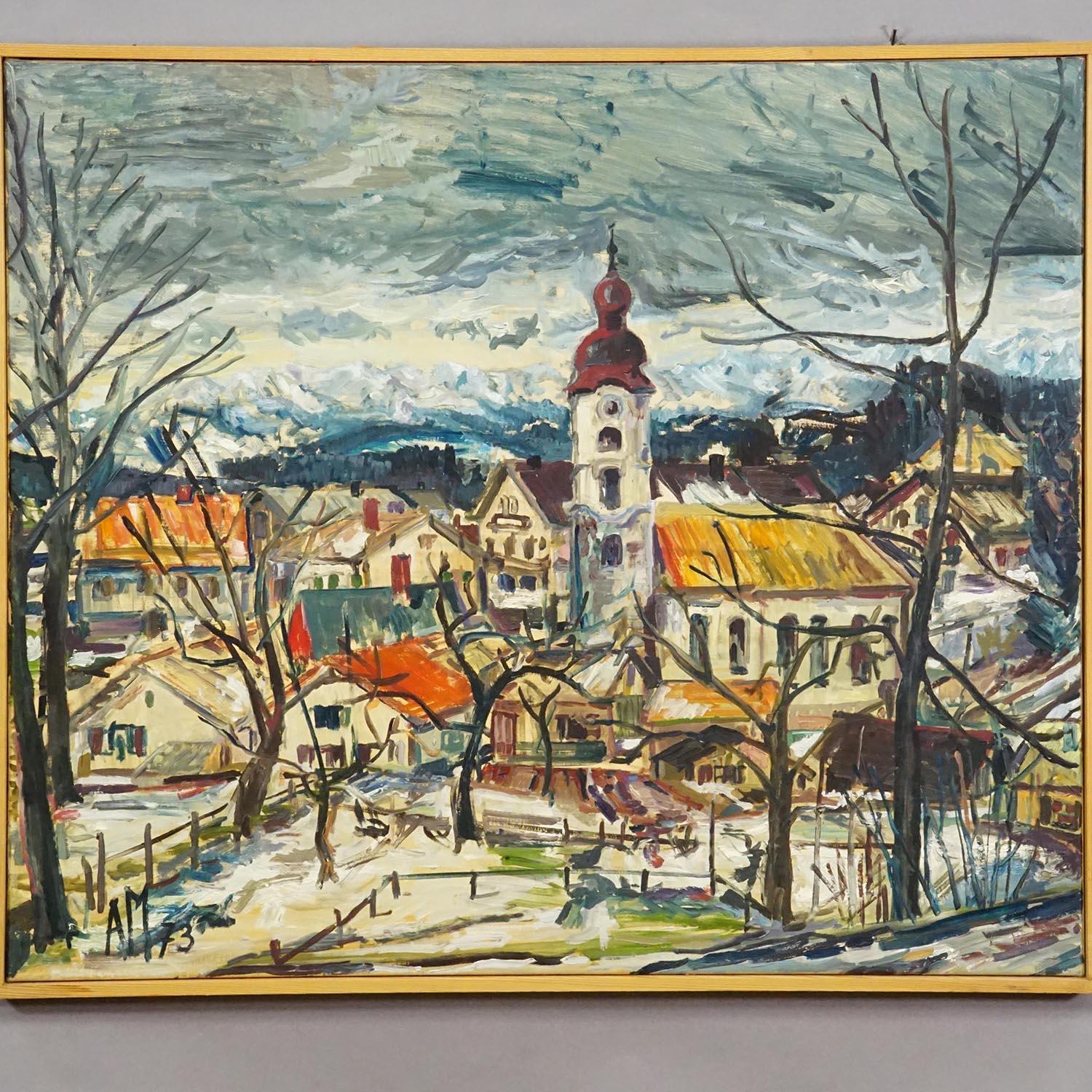 Vintage Ölgemälde eines bayerischen Dorfes, Alexander Michael 1973 (Sonstiges) im Angebot