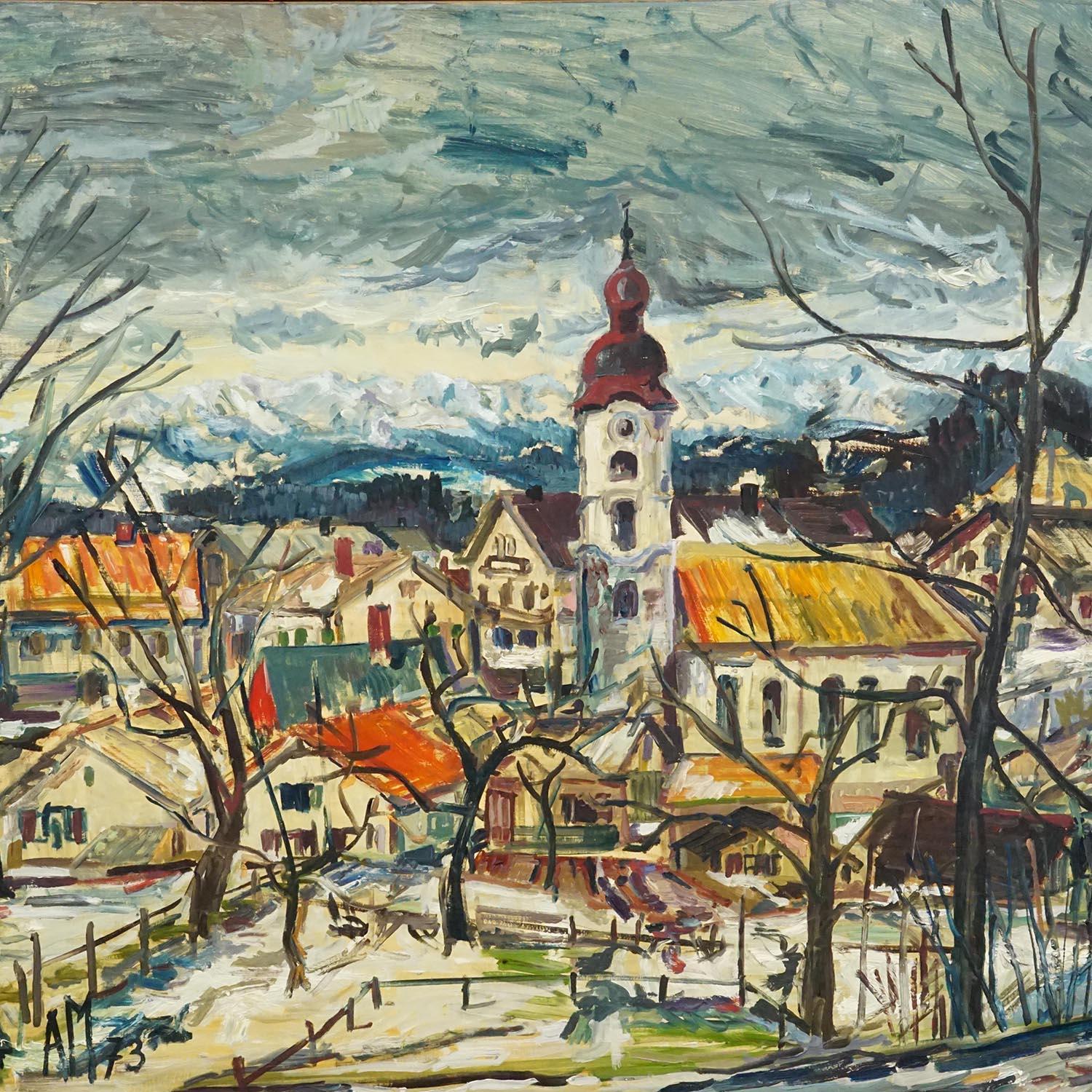 Vintage Ölgemälde eines bayerischen Dorfes, Alexander Michael 1973 (Deutsch) im Angebot