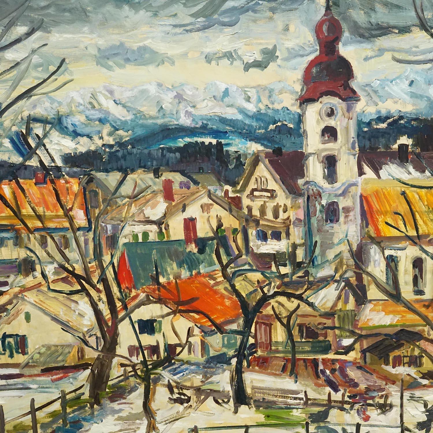 Vintage Ölgemälde eines bayerischen Dorfes, Alexander Michael 1973 im Zustand „Gut“ im Angebot in Berghuelen, DE