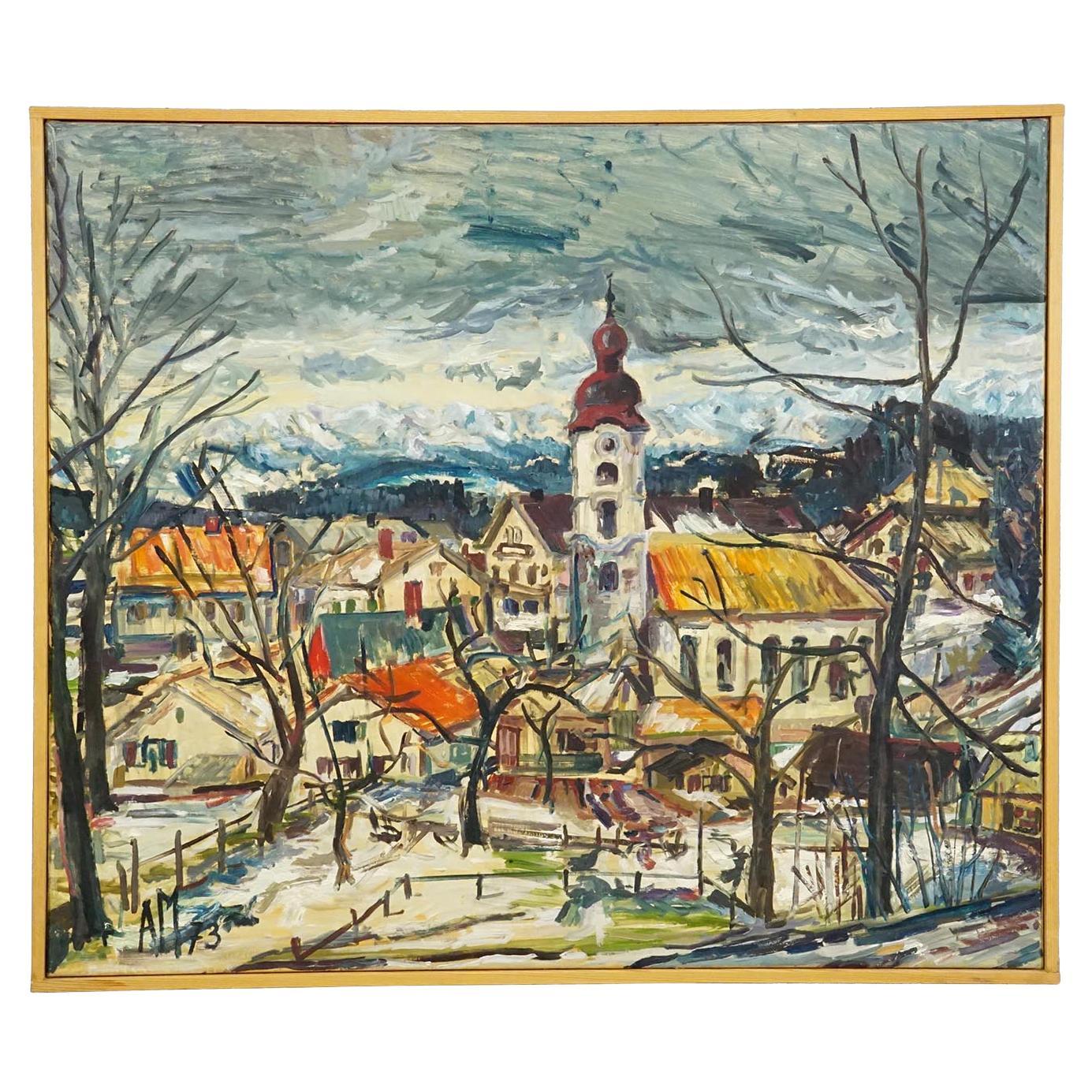 Peinture à l'huile vintage d'un village bavarois, Alexander Michael 1973