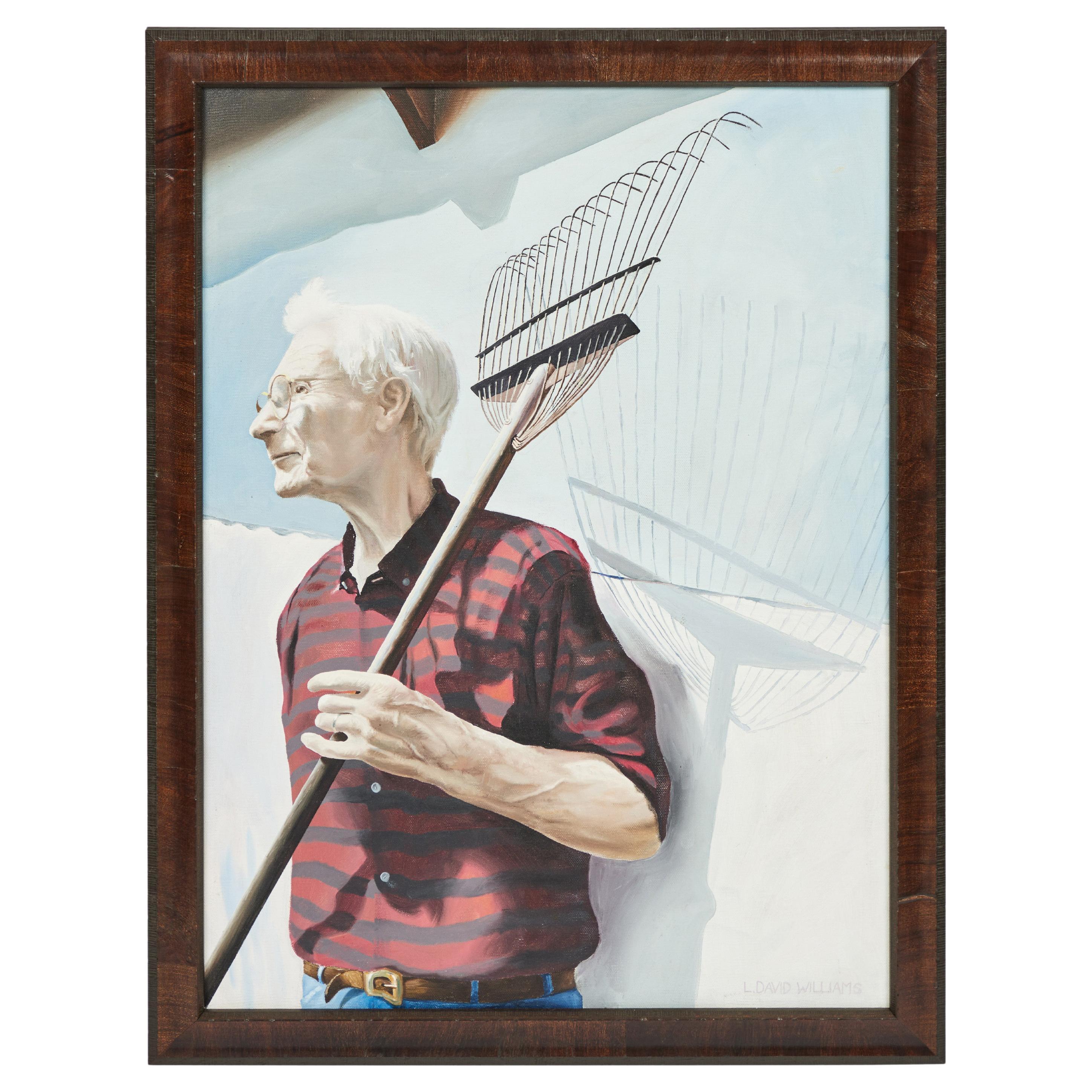 Vintage Oil Painting of a Man Holding a Rake