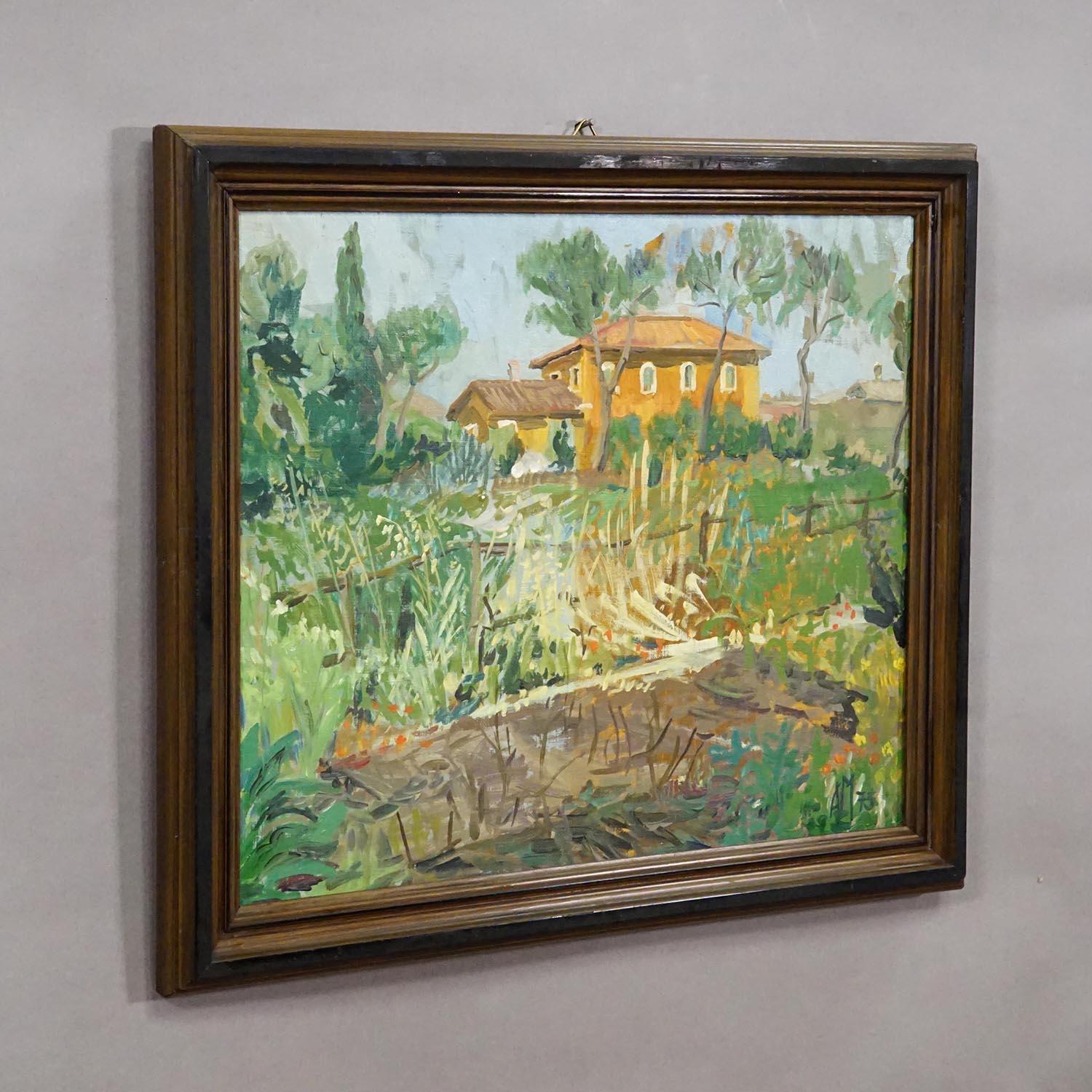 Vintage Ölgemälde eines mediterranen Dorfes, Alexander Michael 1975

Ein gerahmtes Ölgemälde, das eine mediterrane Landschaft mit einem goldgelben Haus mit rotem Ziegeldach, umgeben von Grün und Bäumen, zeigt. Im Vordergrund befindet sich ein