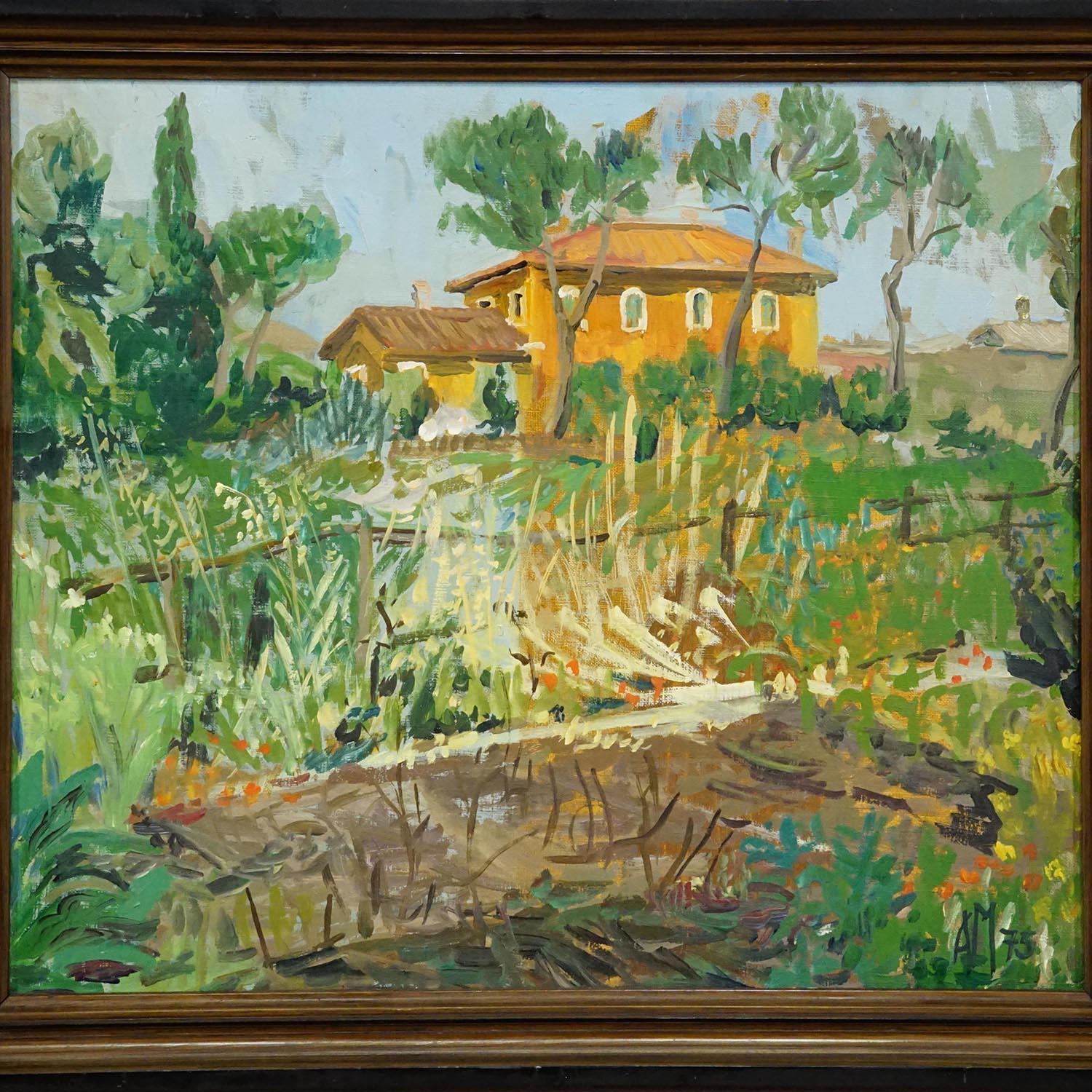 Vintage Ölgemälde eines mediterranen Dorfes, Alexander Michael 1975 (Land) im Angebot